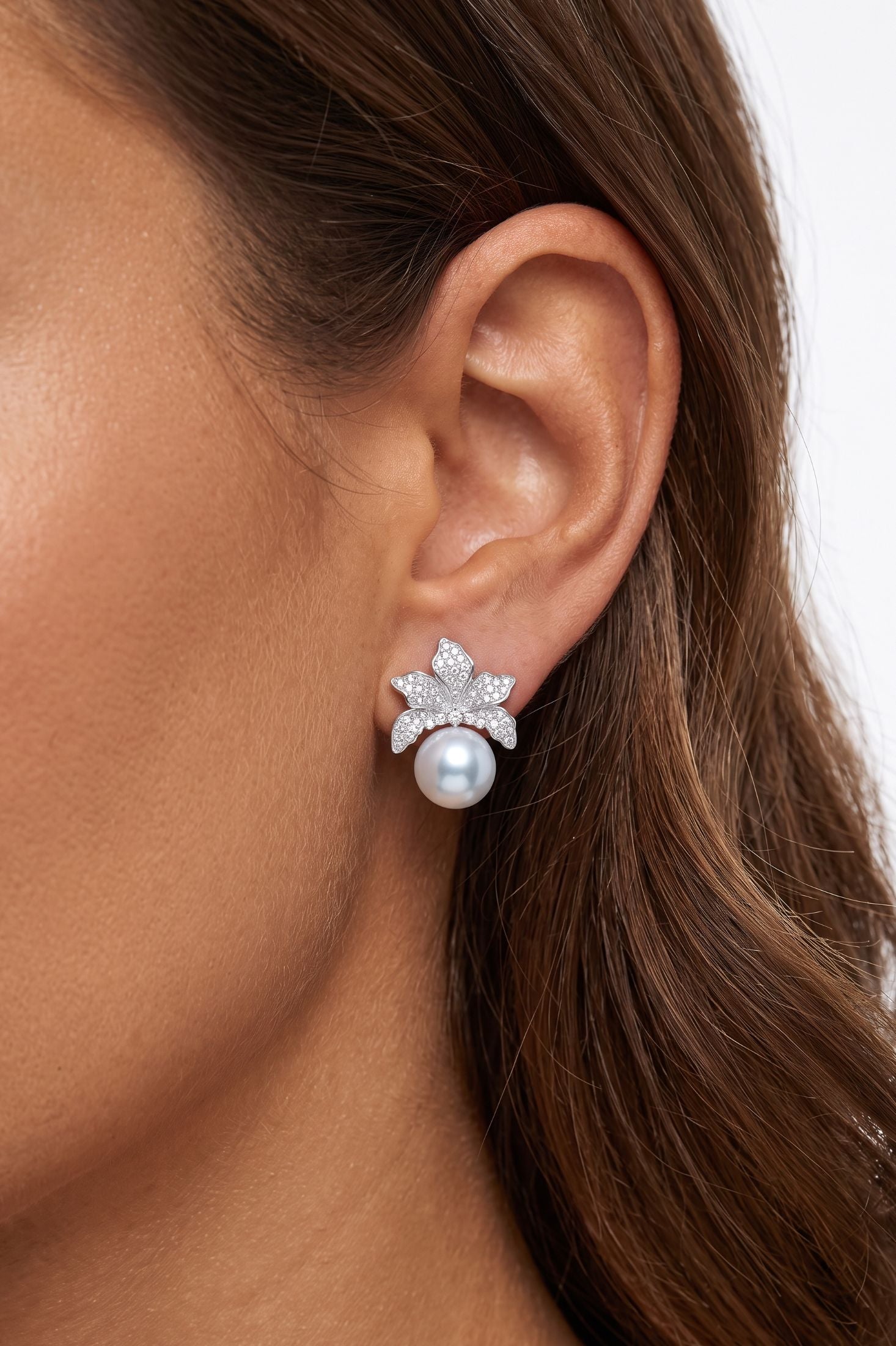 Orchid Flower Pearl Earrings Silver