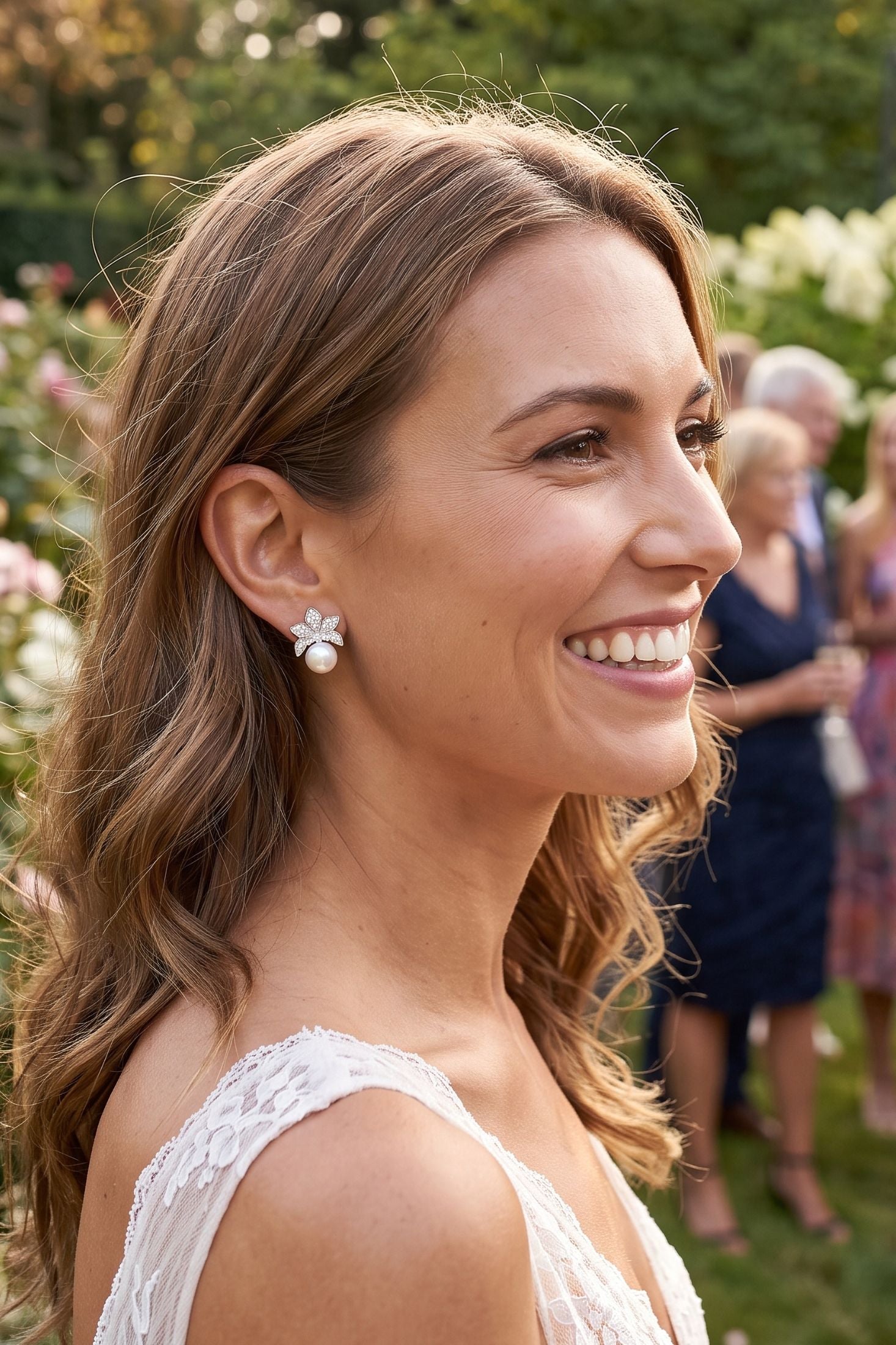 Orchid Flower Pearl Earrings Silver