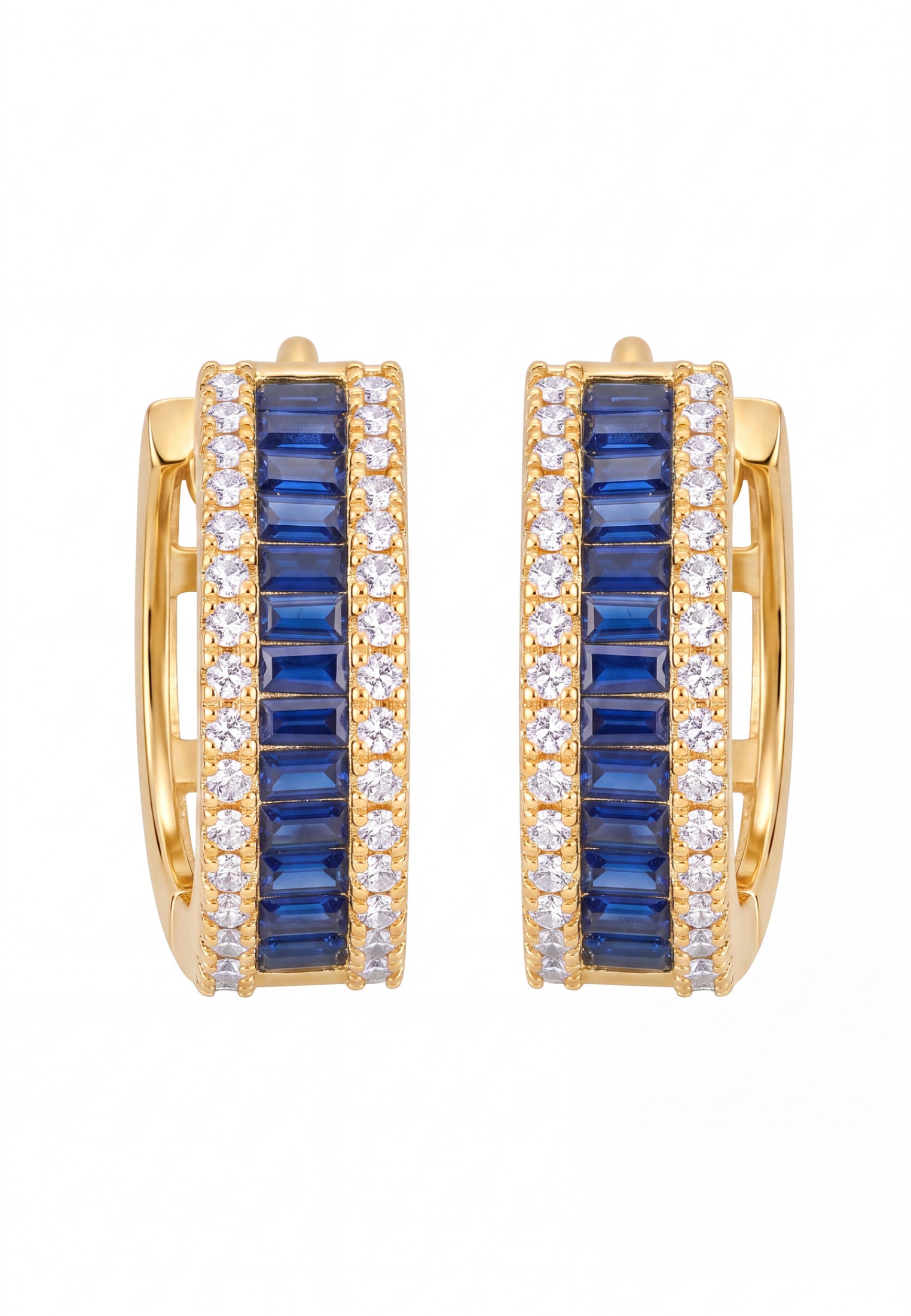 Baguette Huggie Hoop Earrings Sapphire Blue Gold
