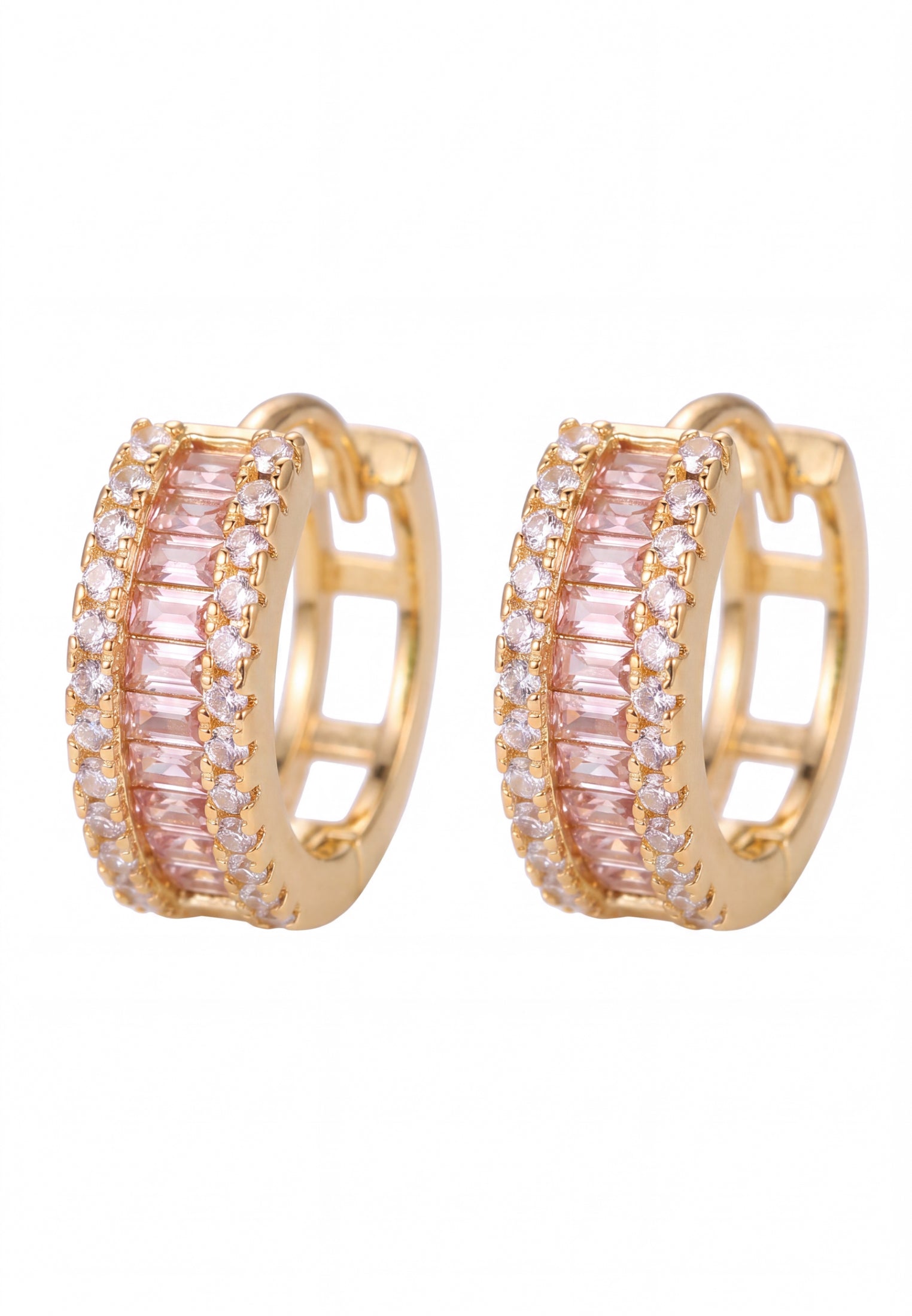 Baguette Huggie Hoop Earrings Morganite Pink Gold