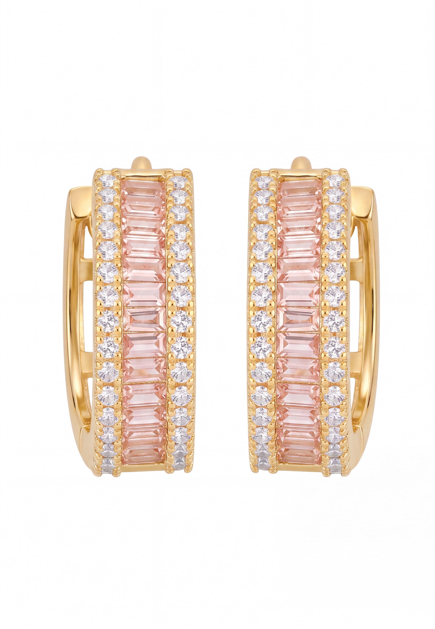 Baguette Huggie Hoop Earrings Morganite Pink Gold