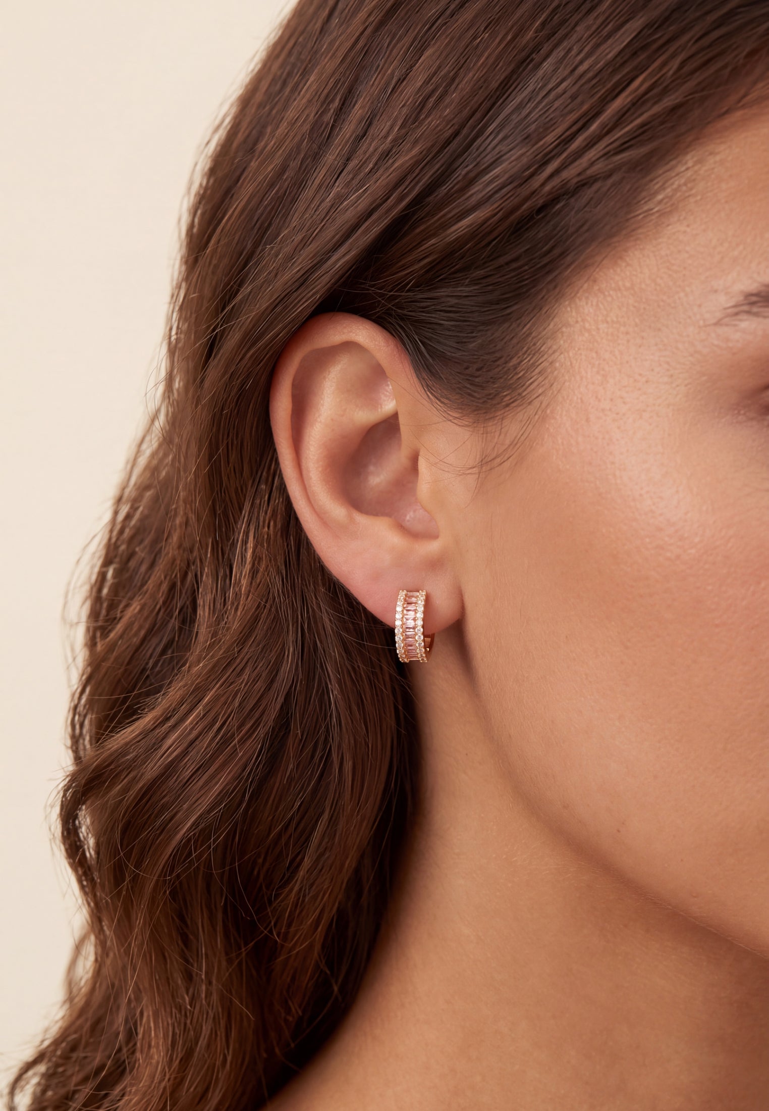 Baguette Huggie Hoop Earrings Morganite Pink Gold