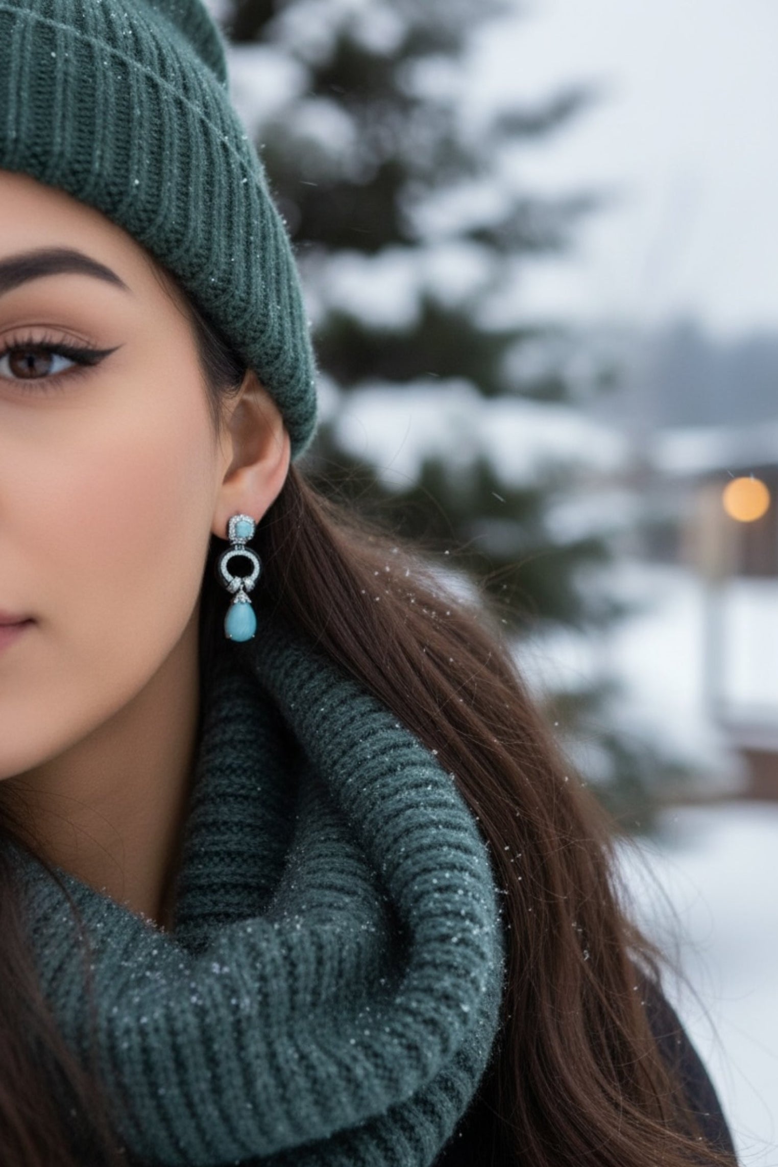The earring worn by a model.