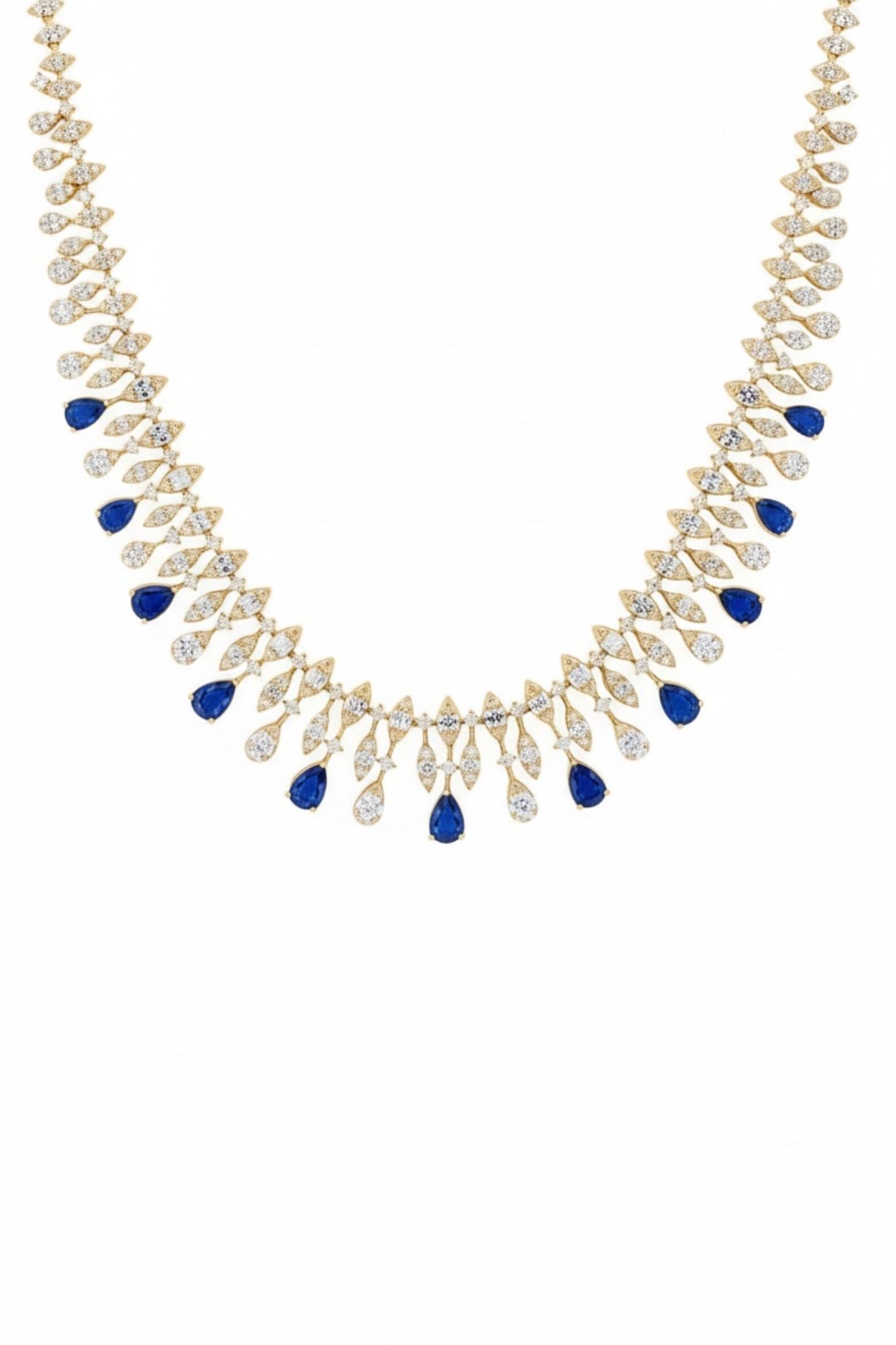 Necklace with blue and clear gemstones on a white background