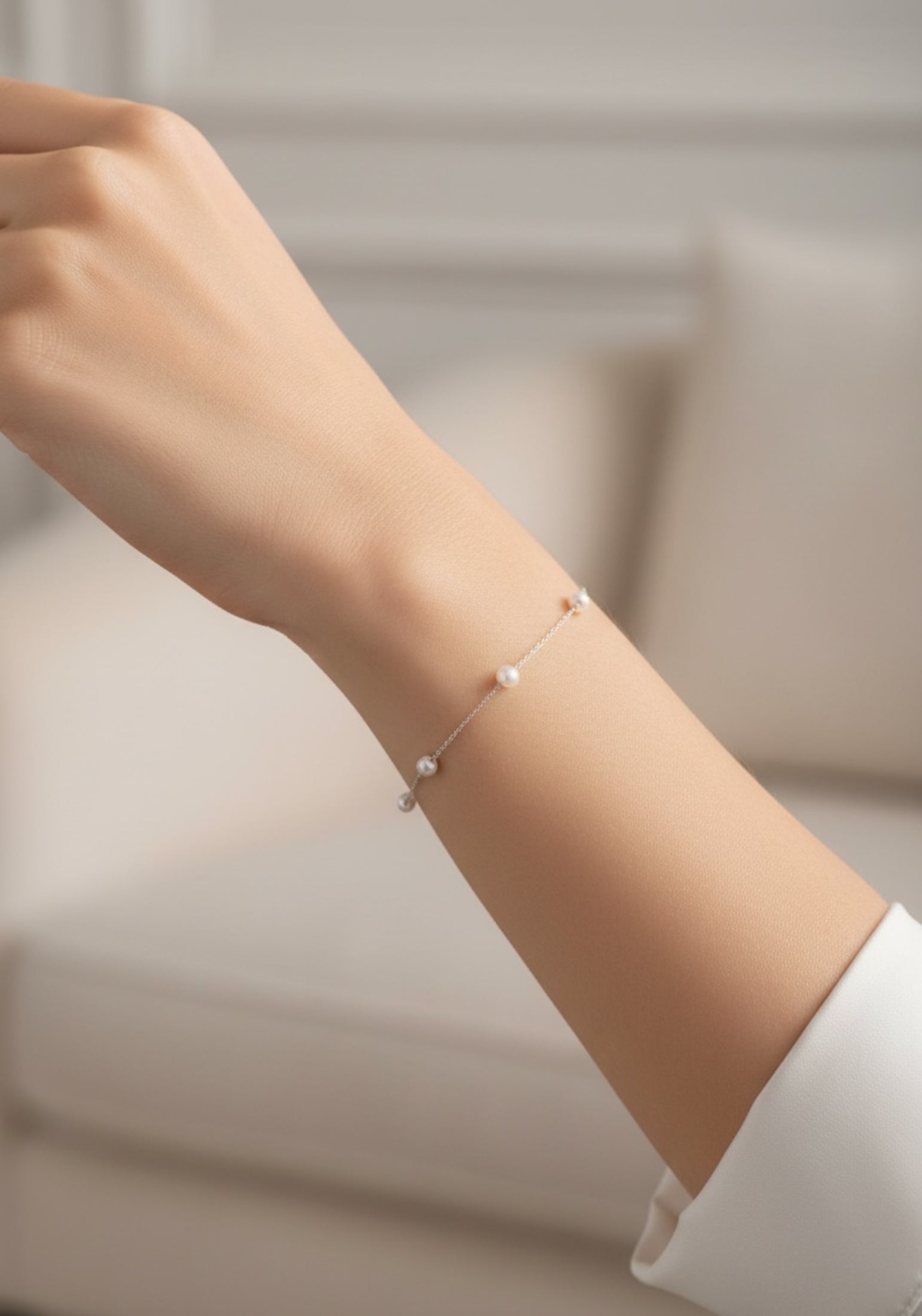 Solid 14k White Gold Natural Spaced Pearl Bracelet