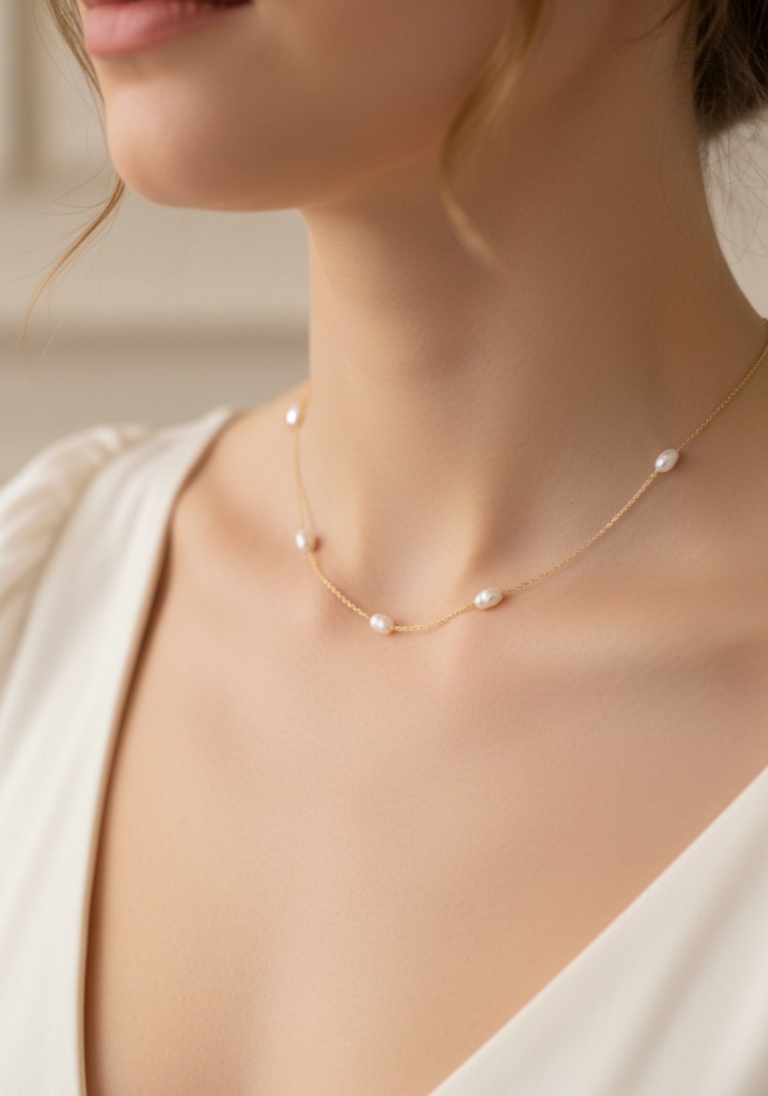Solid 14k Gold Natural Spaced Pearl Necklace
