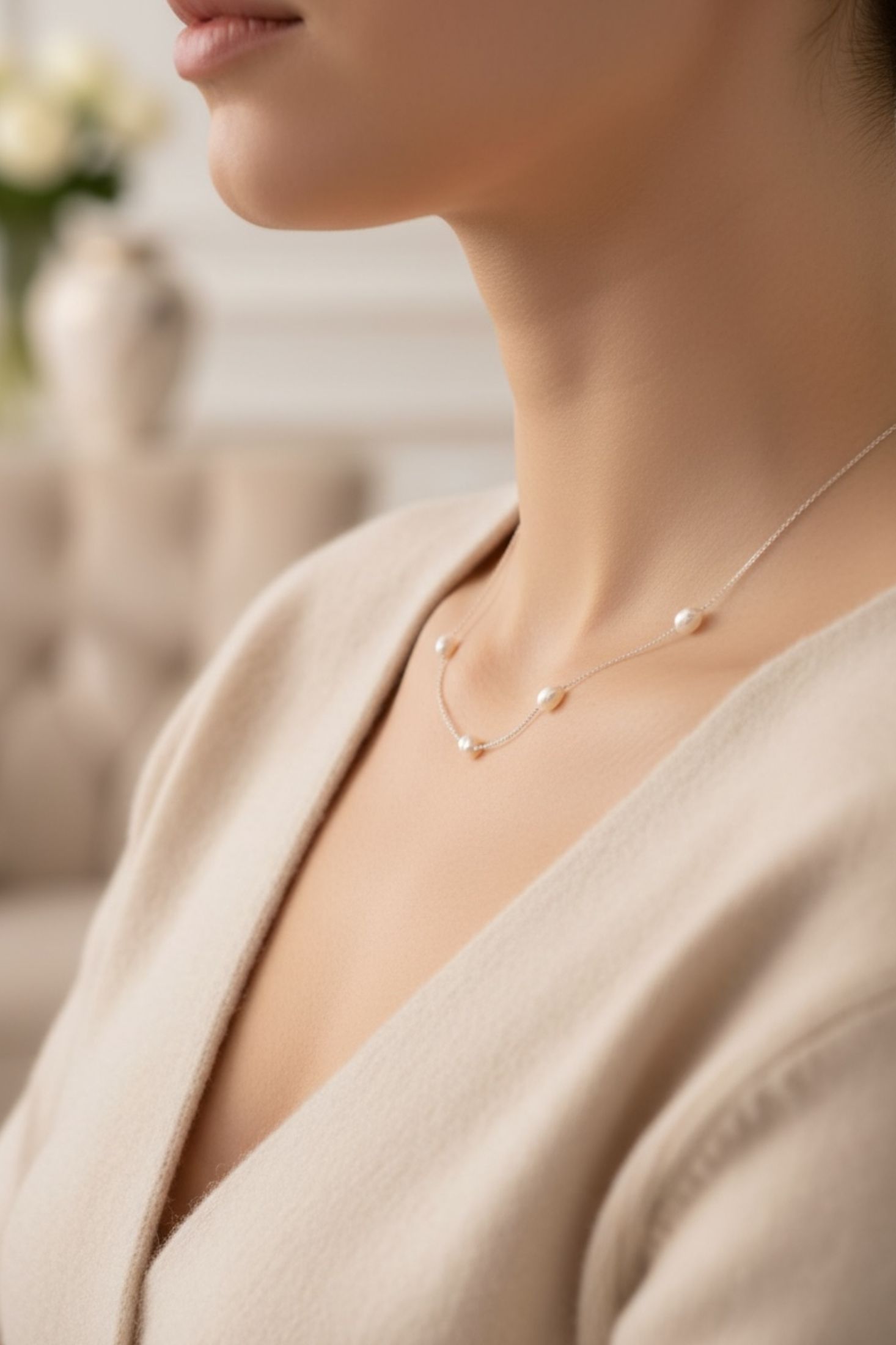 Pearl necklace worn by a person in a neutral setting