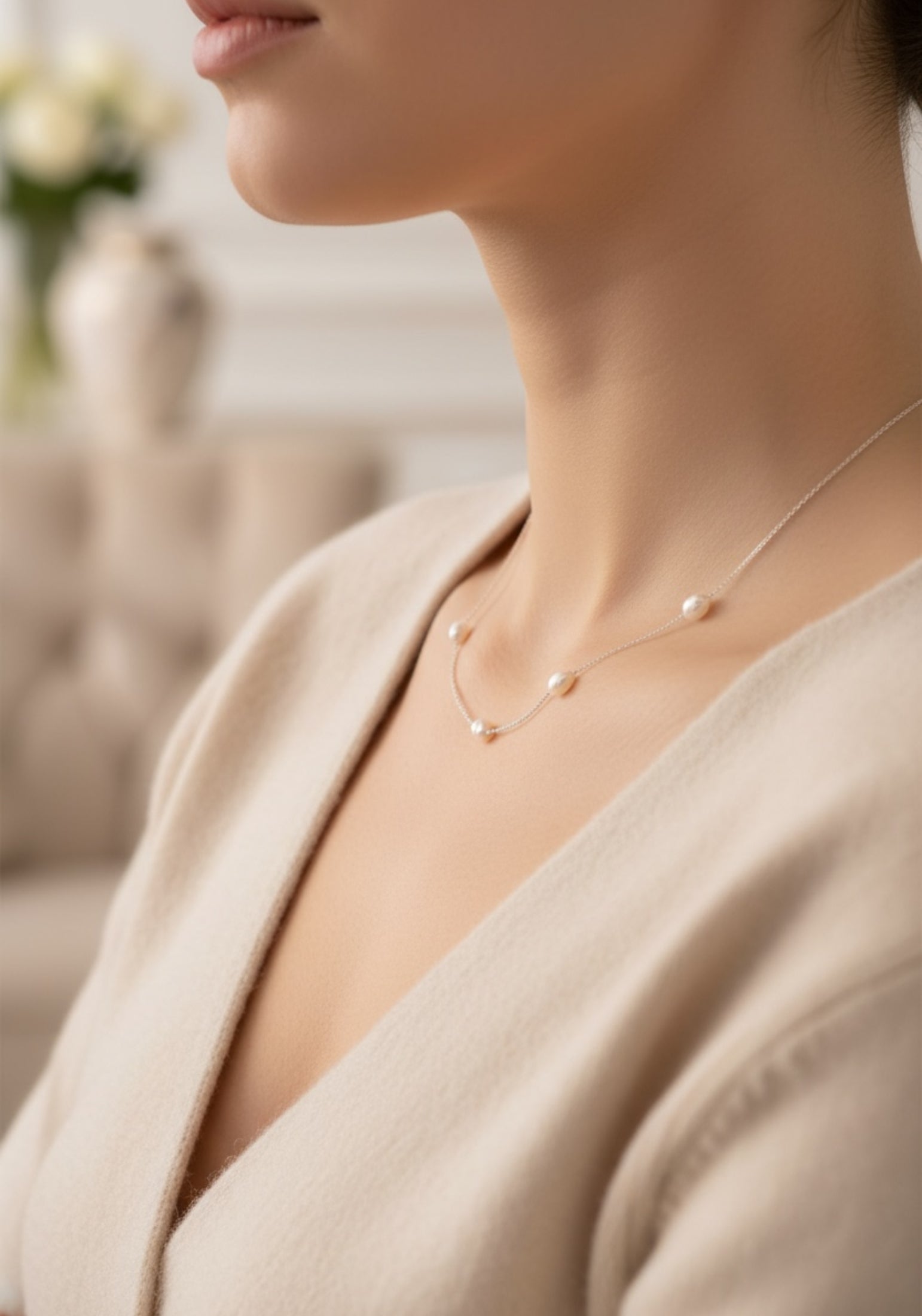 Solid 14k White Gold Natural Spaced Pearl Necklace