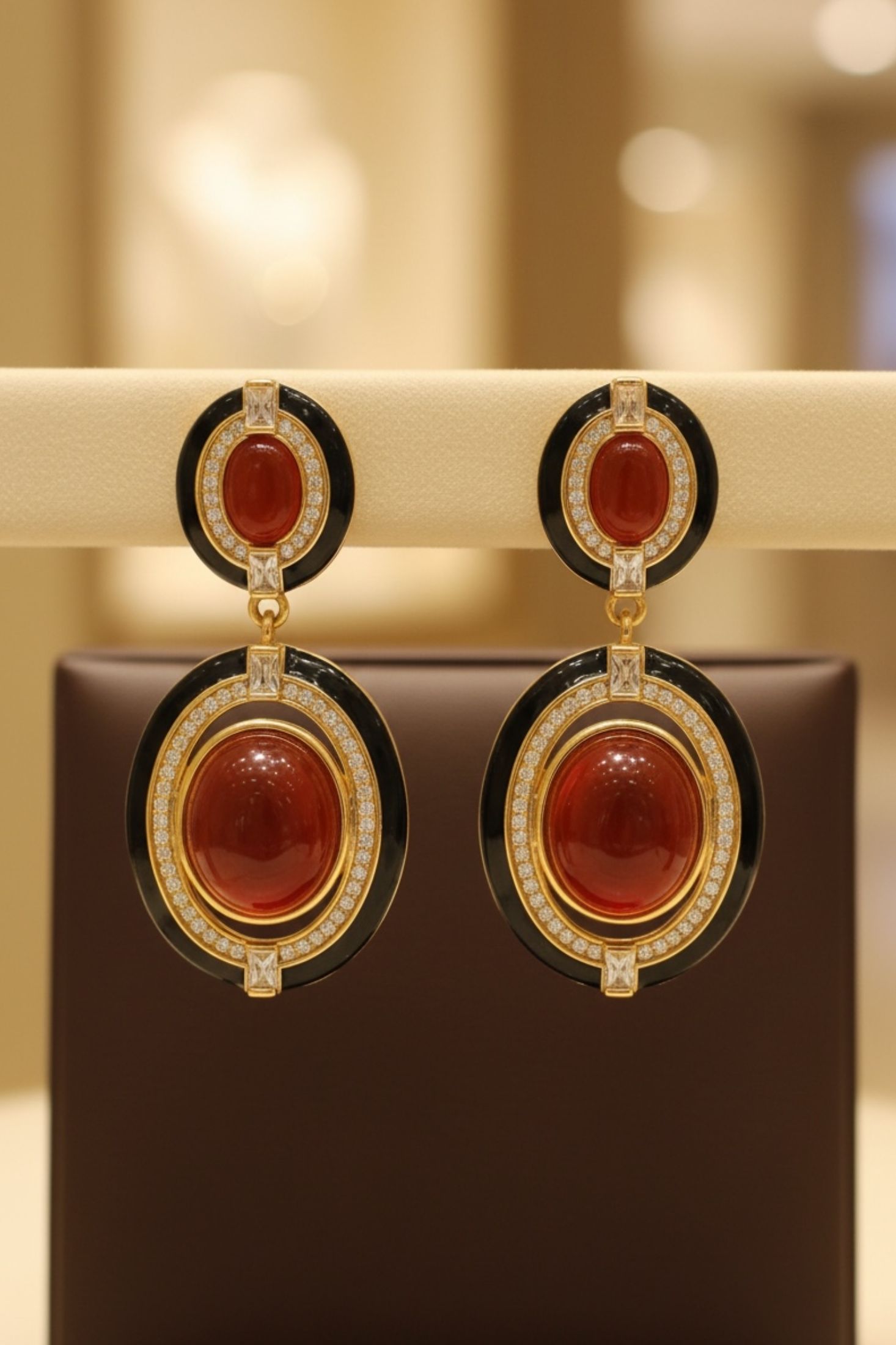Pair of earrings with red stones and gold accents on a stand.