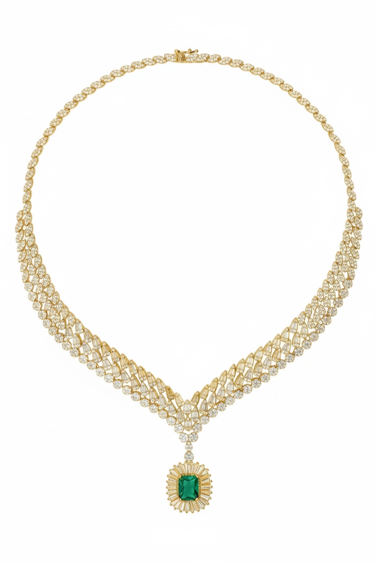Full view showing the open box clasp and the chain of simulated diamonds leading up to it.
