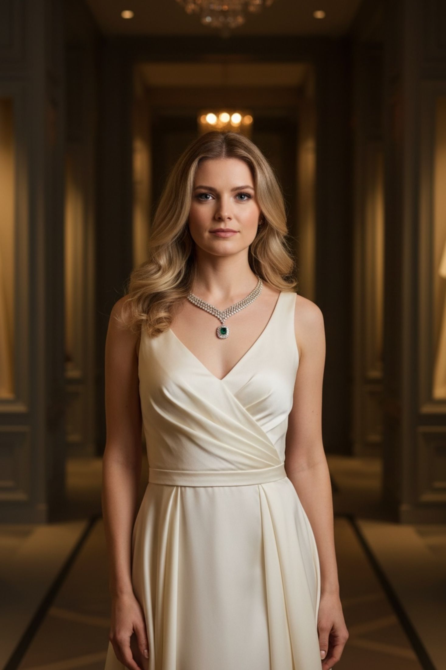 Woman in a white dress wearing silver necklace with an emerald stone standing in a dimly lit hallway