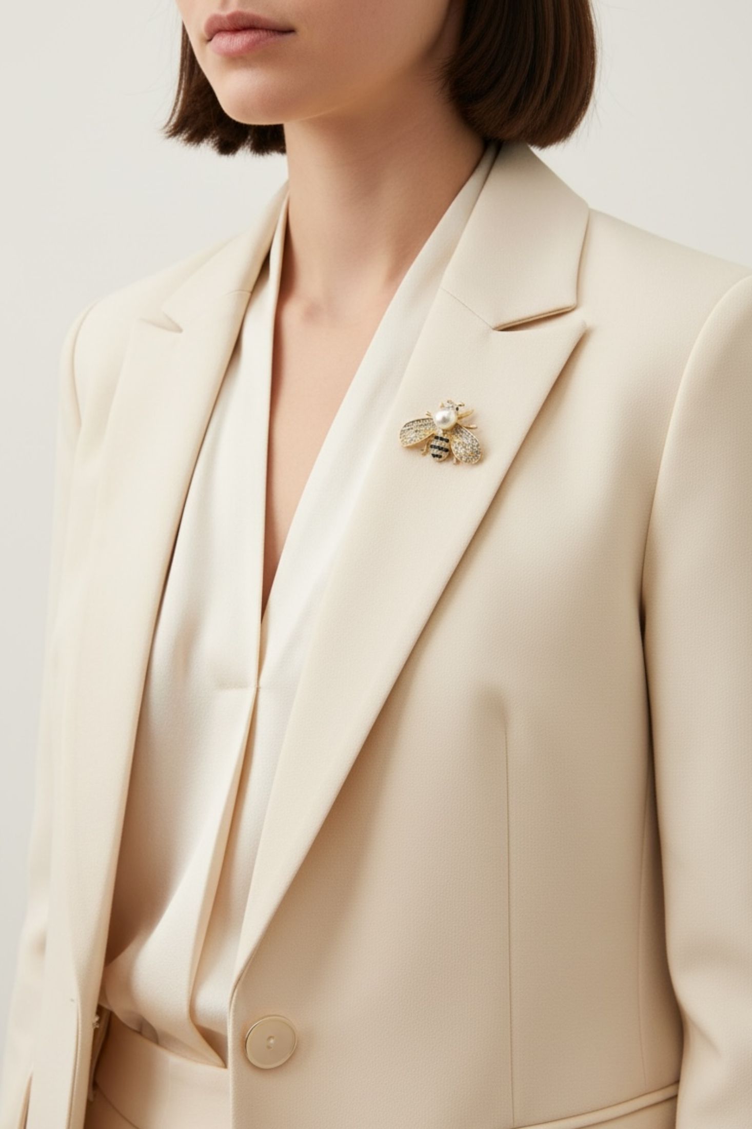 Person wearing a beige suit with a bee brooch on a light background