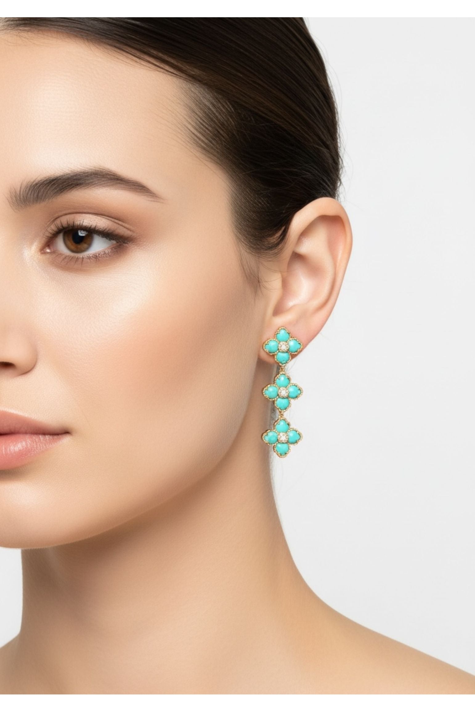 Flower Clover Triple Drop Earrings Arizona Turquoise Gold