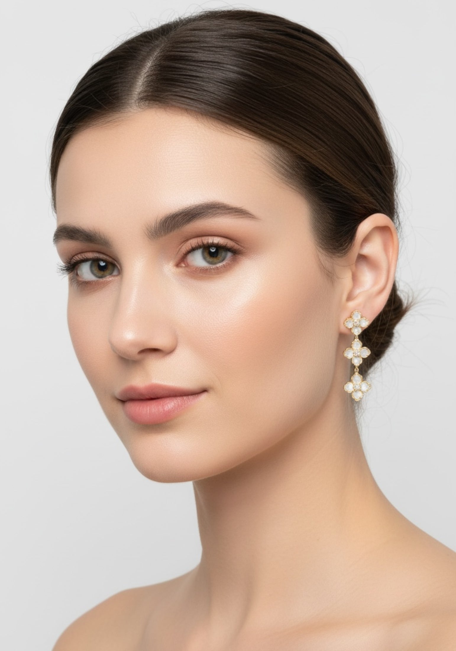 Flower Clover Triple Drop Earrings Mother Of Pearl Gold