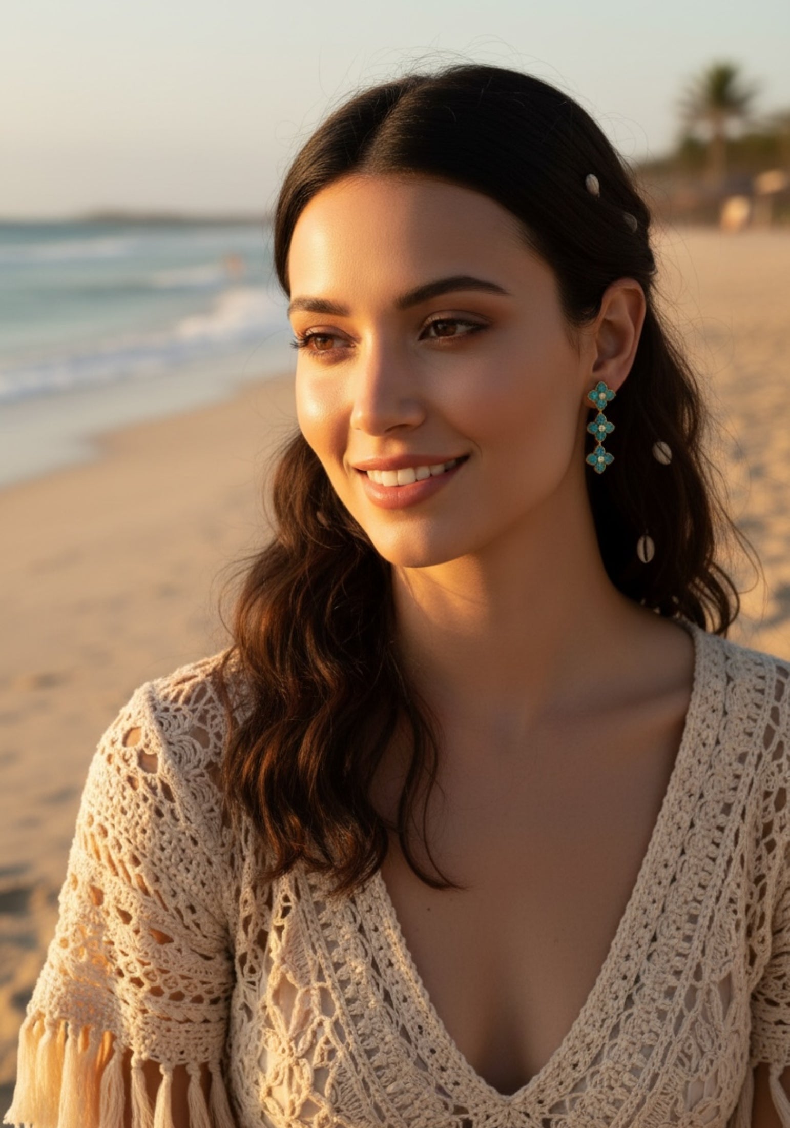 Flower Clover Triple Drop Earrings Arizona Turquoise Gold