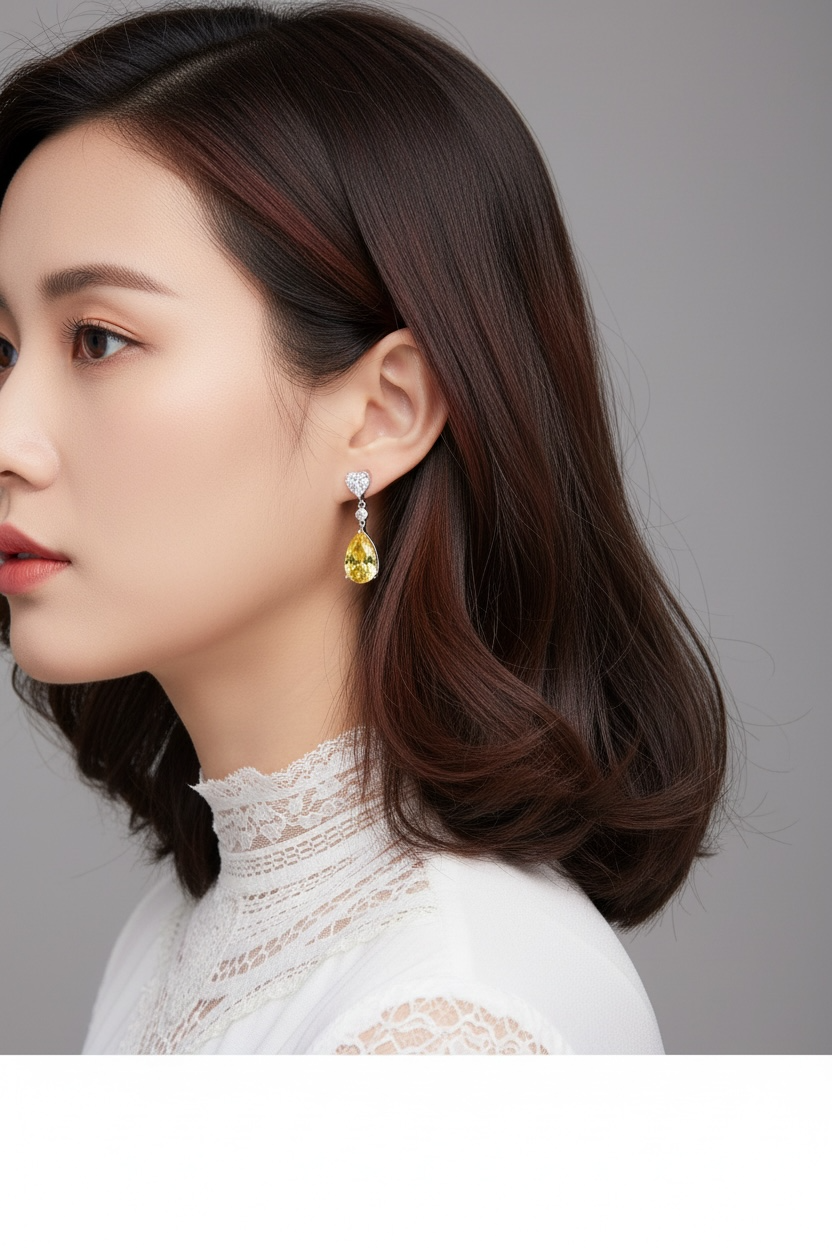 Woman wearing a yellow earring against a gray background