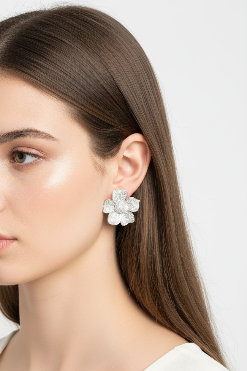 Pansy Flower White Large Stud Earrings Silver