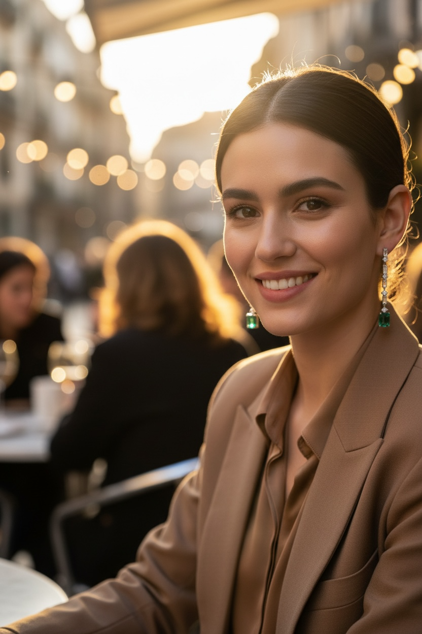 Woman in a brown blazer sitting outdoors wearing emerald drop earrings.