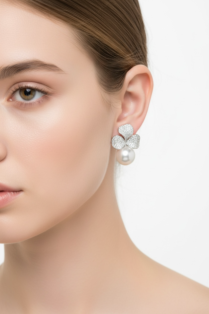 Close-up of a woman wearing a pair of pearl and diamond earrings on a light background