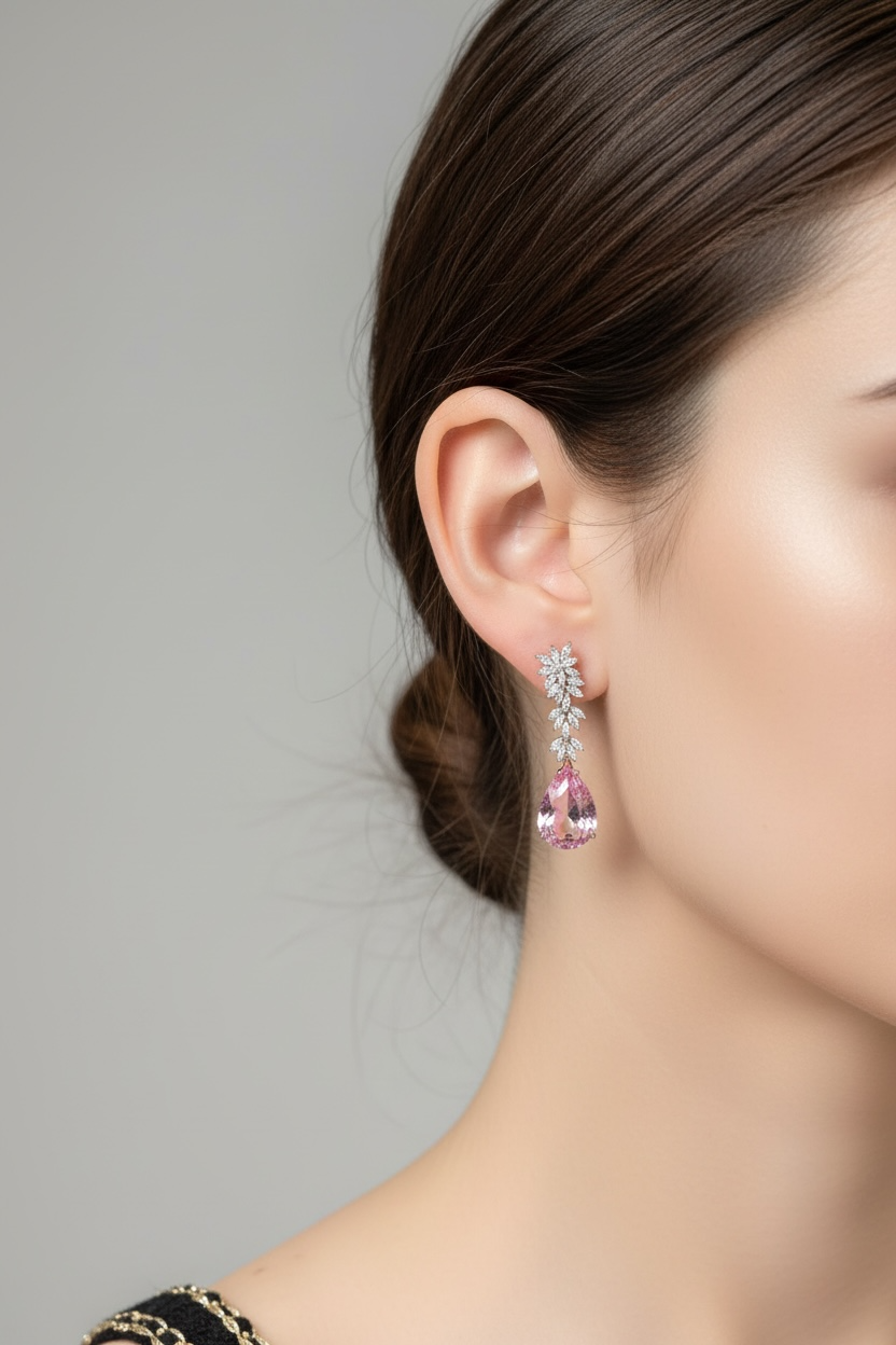 Close-up of a model wearing a pair of earrings with a pink gemstone against a neutral background
