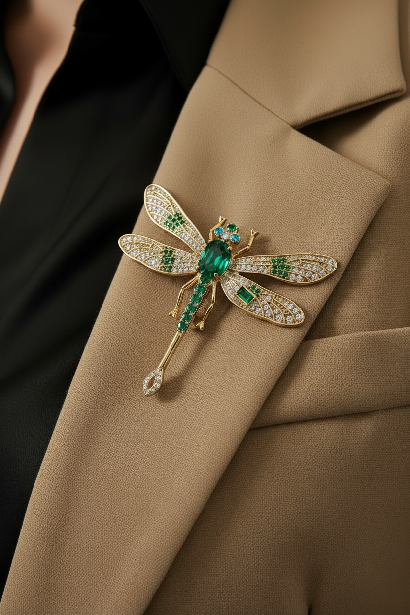 Dragonfly-shaped brooch with green gemstones on a beige suit jacket