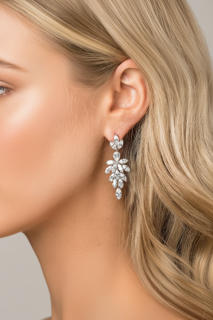 Close-up of a person wearing a sparkling earring with a neutral background
