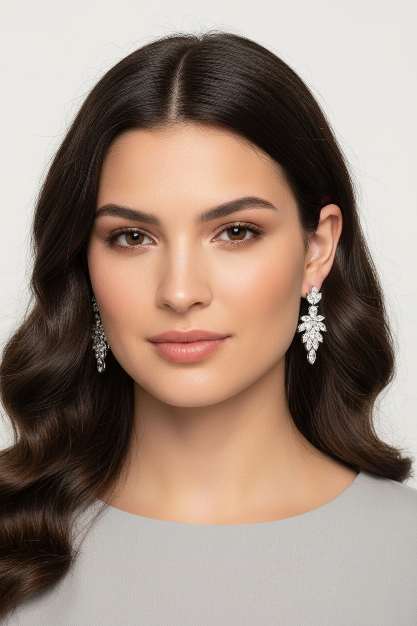 Woman wearing silver earrings with a neutral background