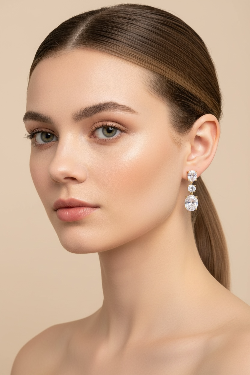 Woman wearing a pair of earrings against a beige background