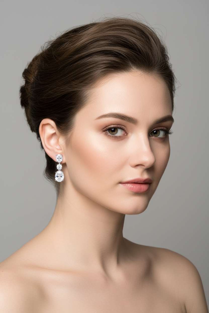 Woman wearing earrings with a gray background