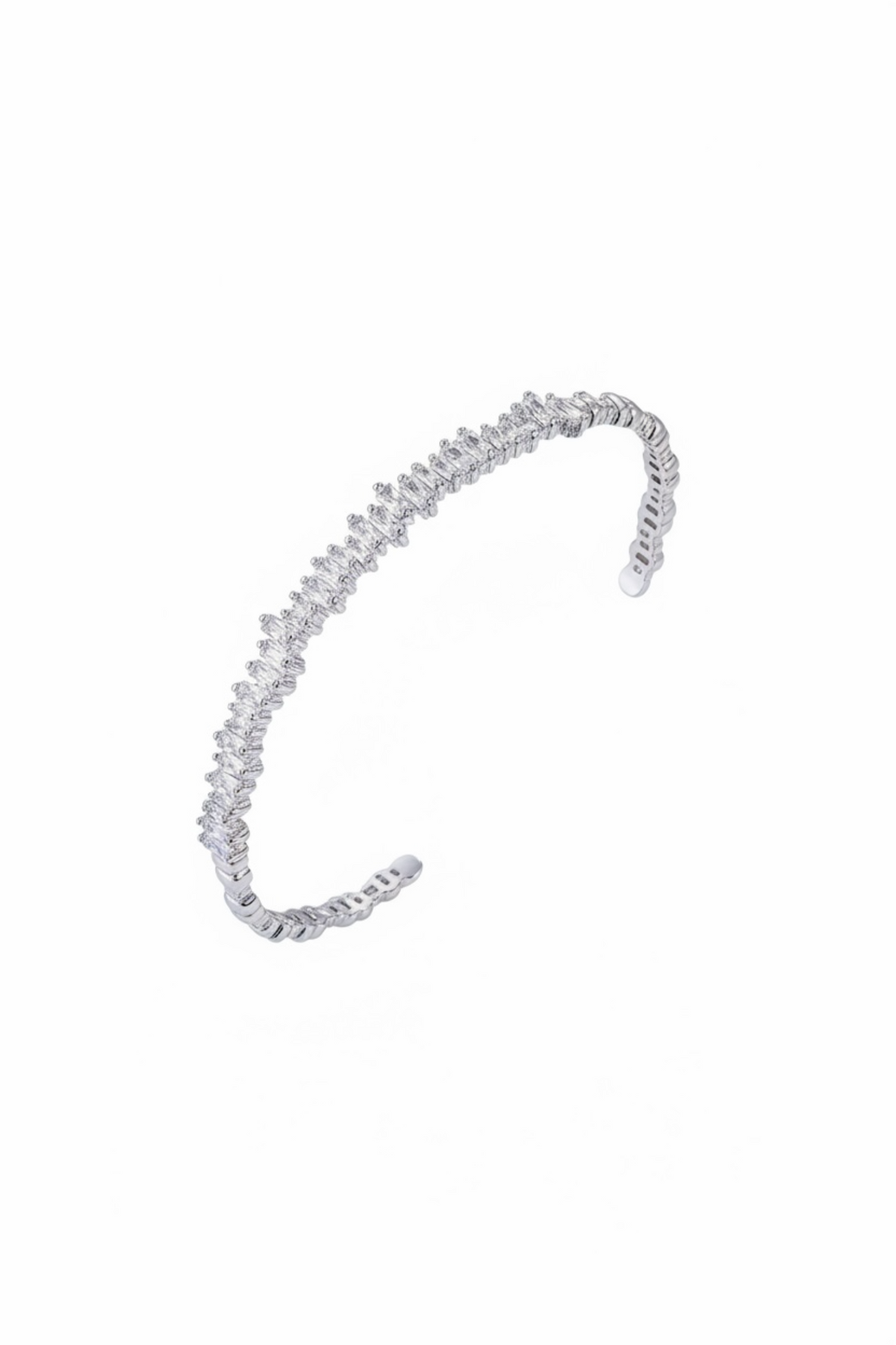 Front view of Baguette Ice Cuff Bangle Silver White, showing cat design, cubic zirconia and zirconia detailing, silver finish.