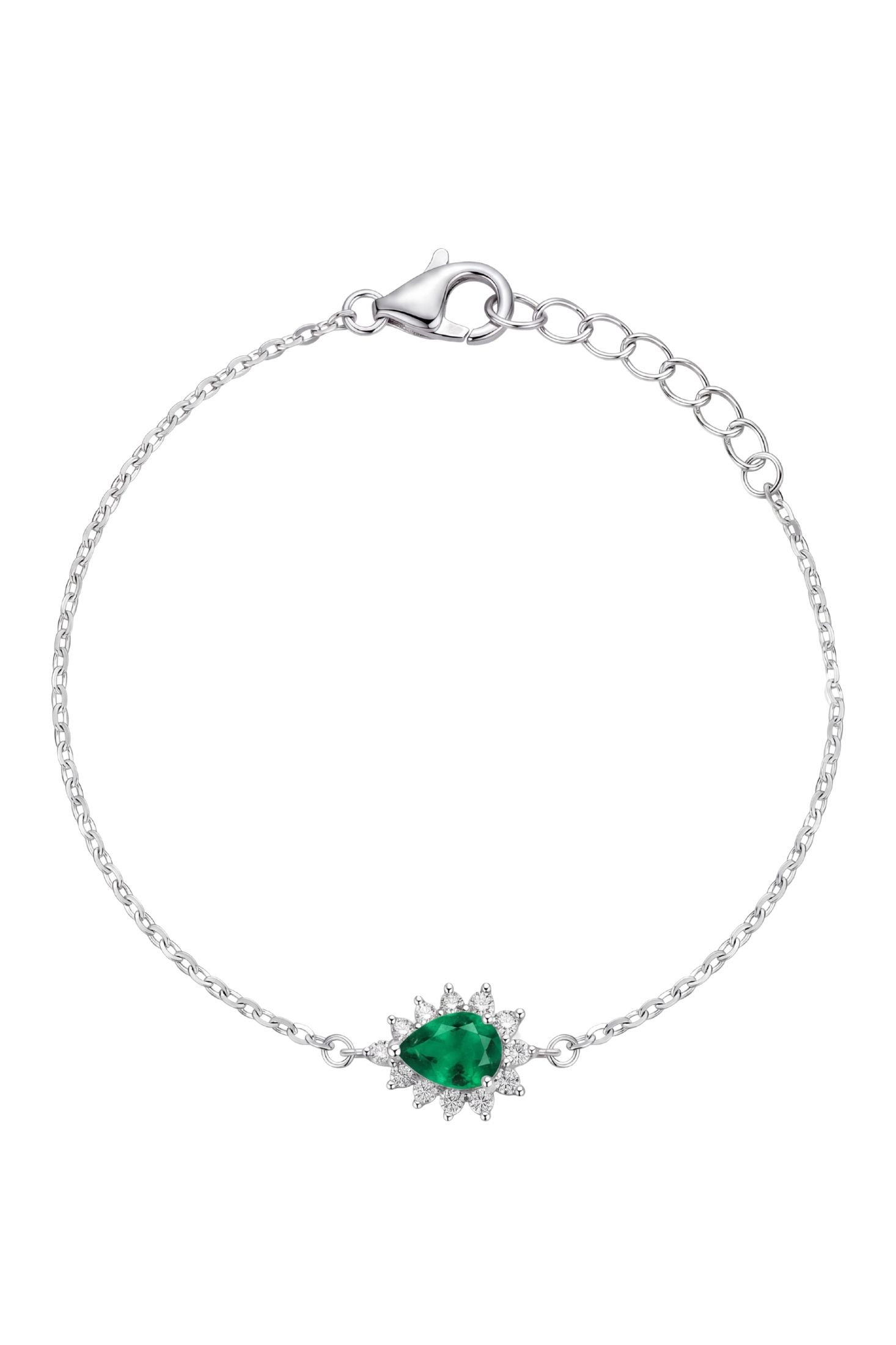 Phillippa Bracelet Emerald Silver worn by a model, showing how it fits on the wrist and its scale.