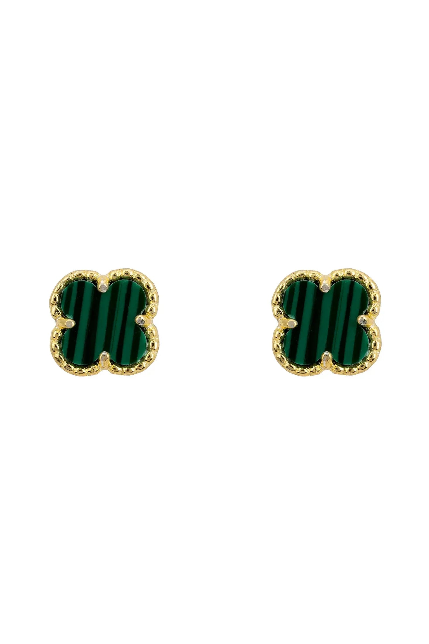 Green stone clover gold stud earrings.