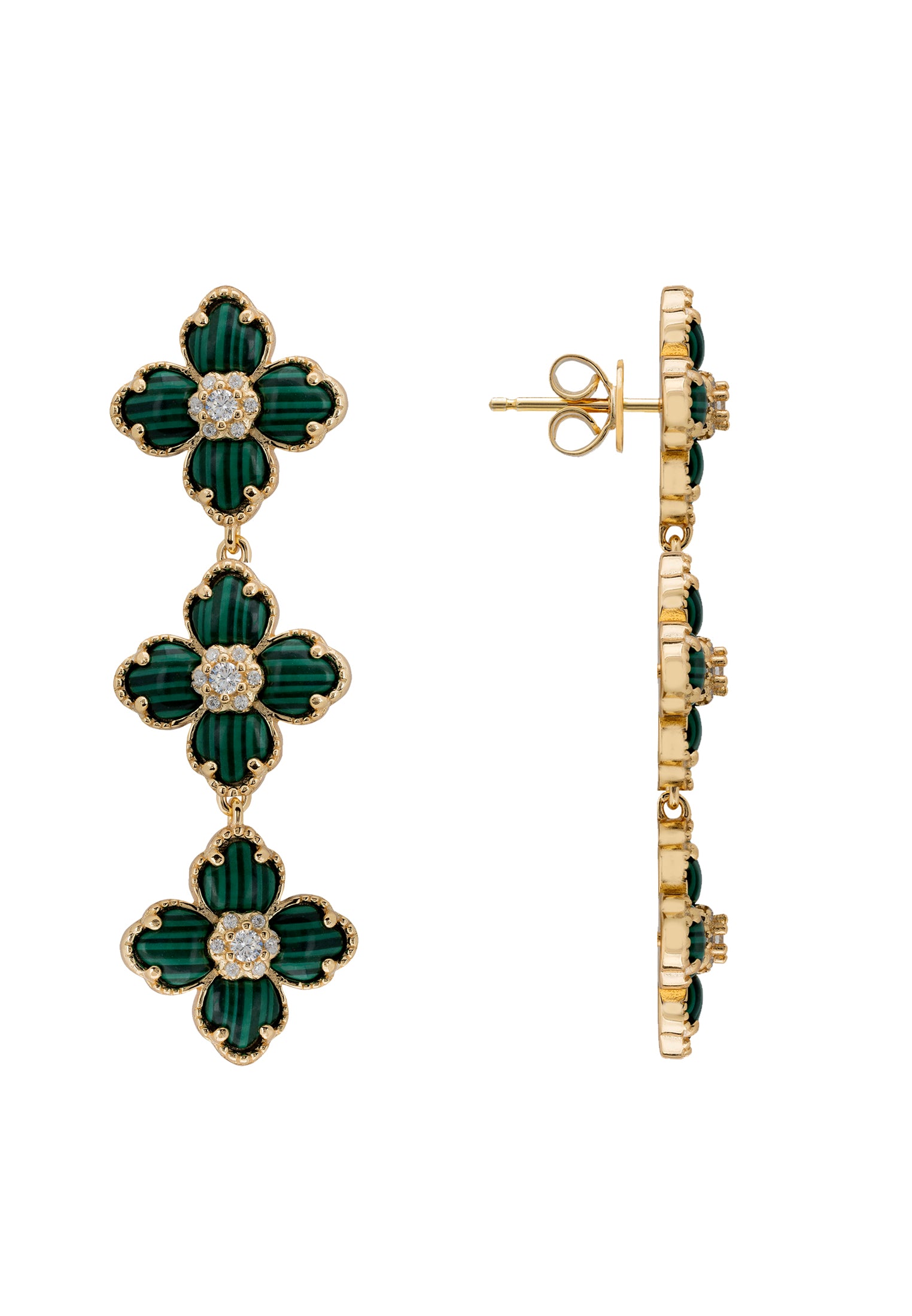 Flower Clover Triple Drop Earrings Malachite Gold