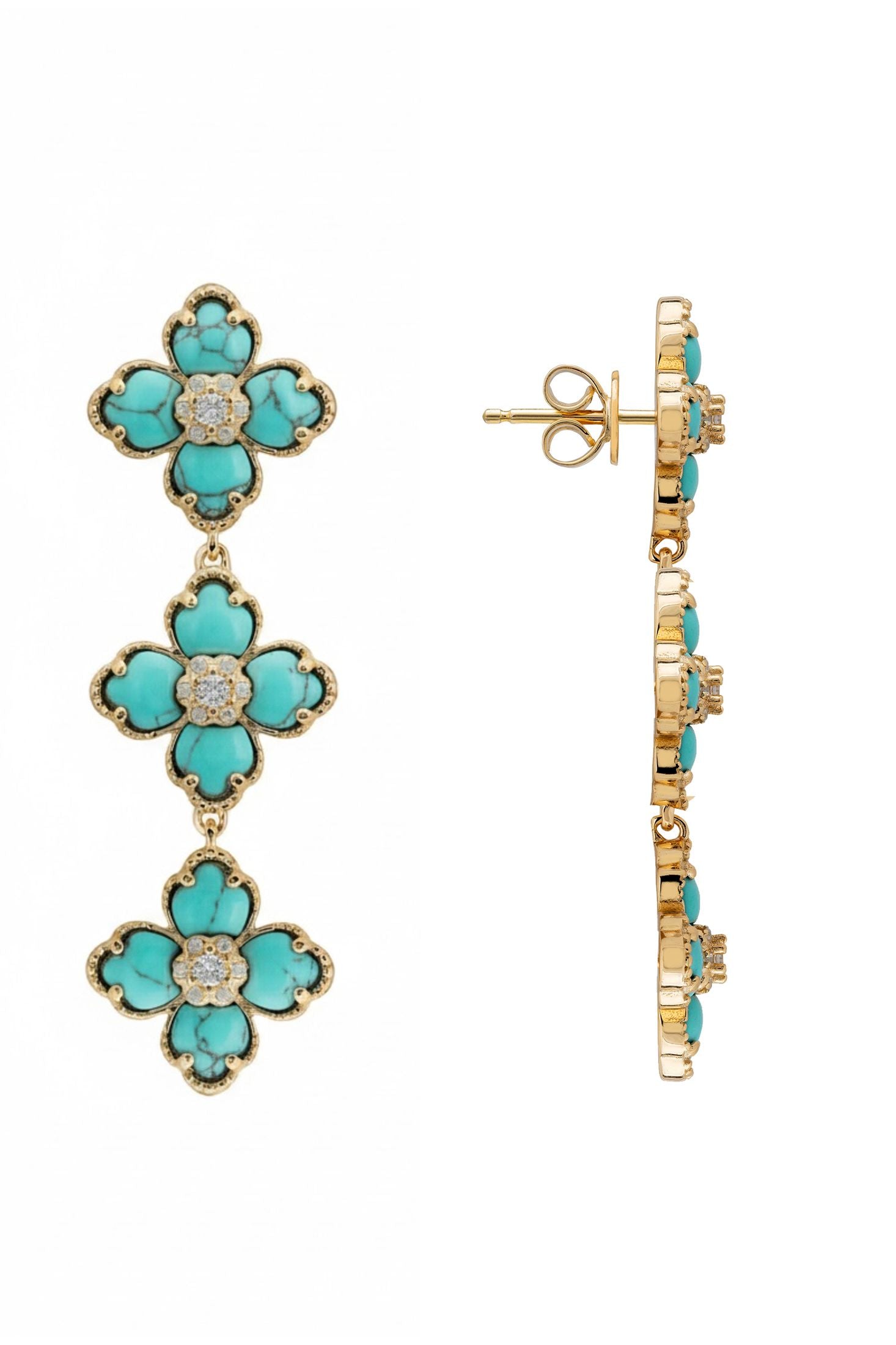 Gold and turquoise flower-shaped earrings on a white background