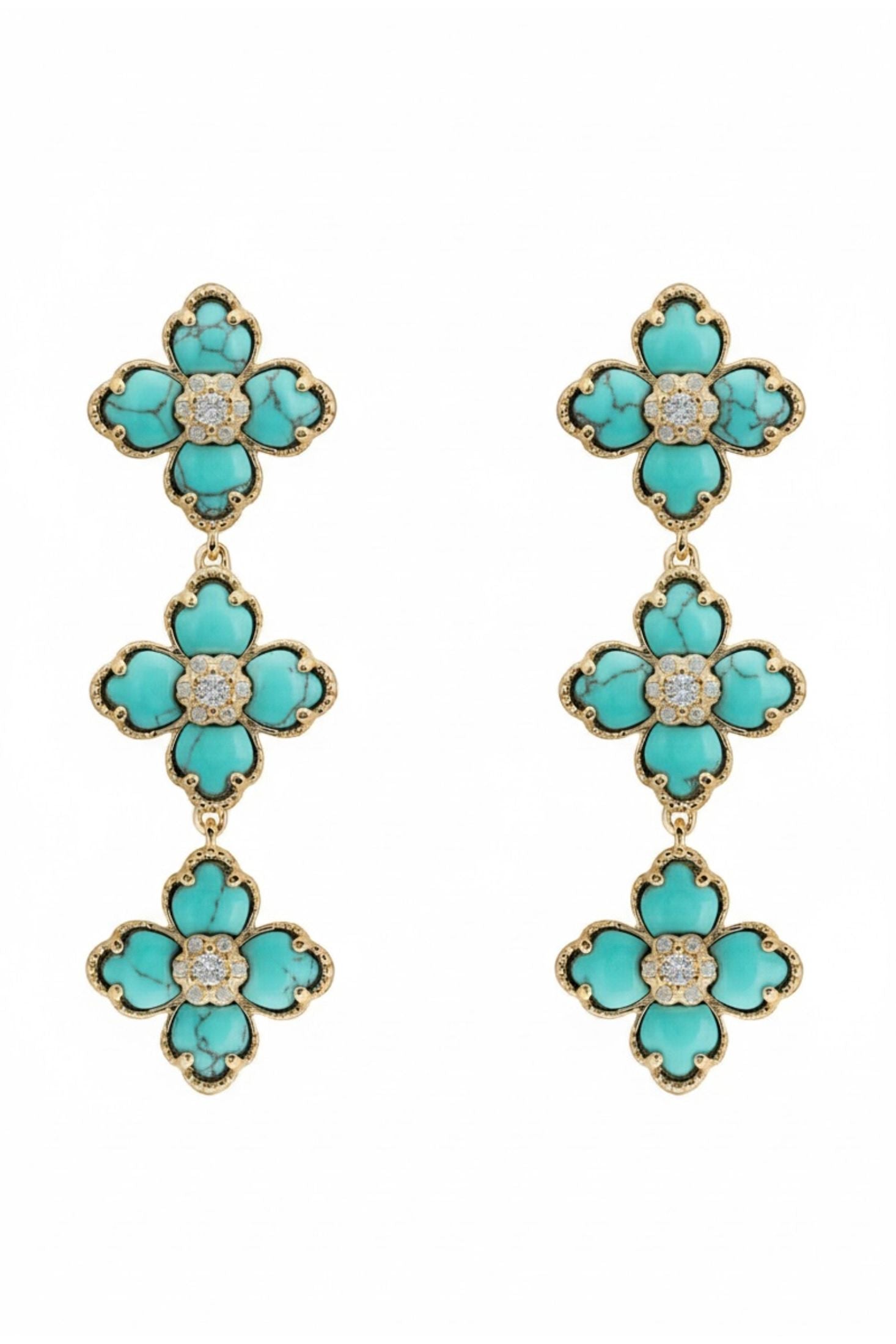 Turquoise flower-shaped earrings with gold accents on a white background