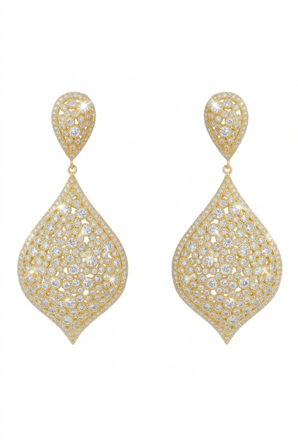 A pair of gold teardrop-shaped dangle earrings covered in clear pavé gemstones, shown against a plain white background.