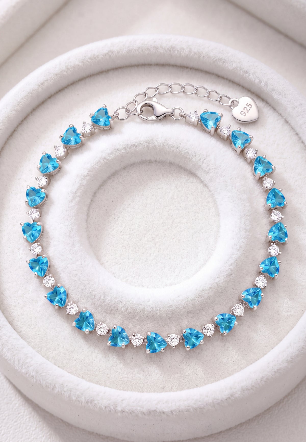 Asscher Cut Heart Tennis Bracelet Blue Topaz Silver