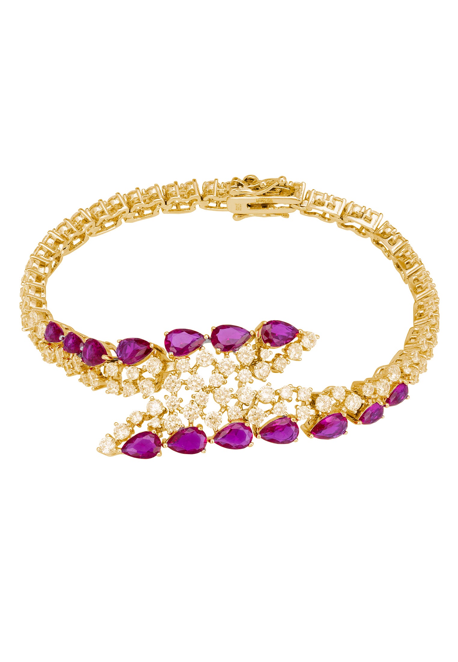 Ruby teardrops, diamond and gold bracelet.