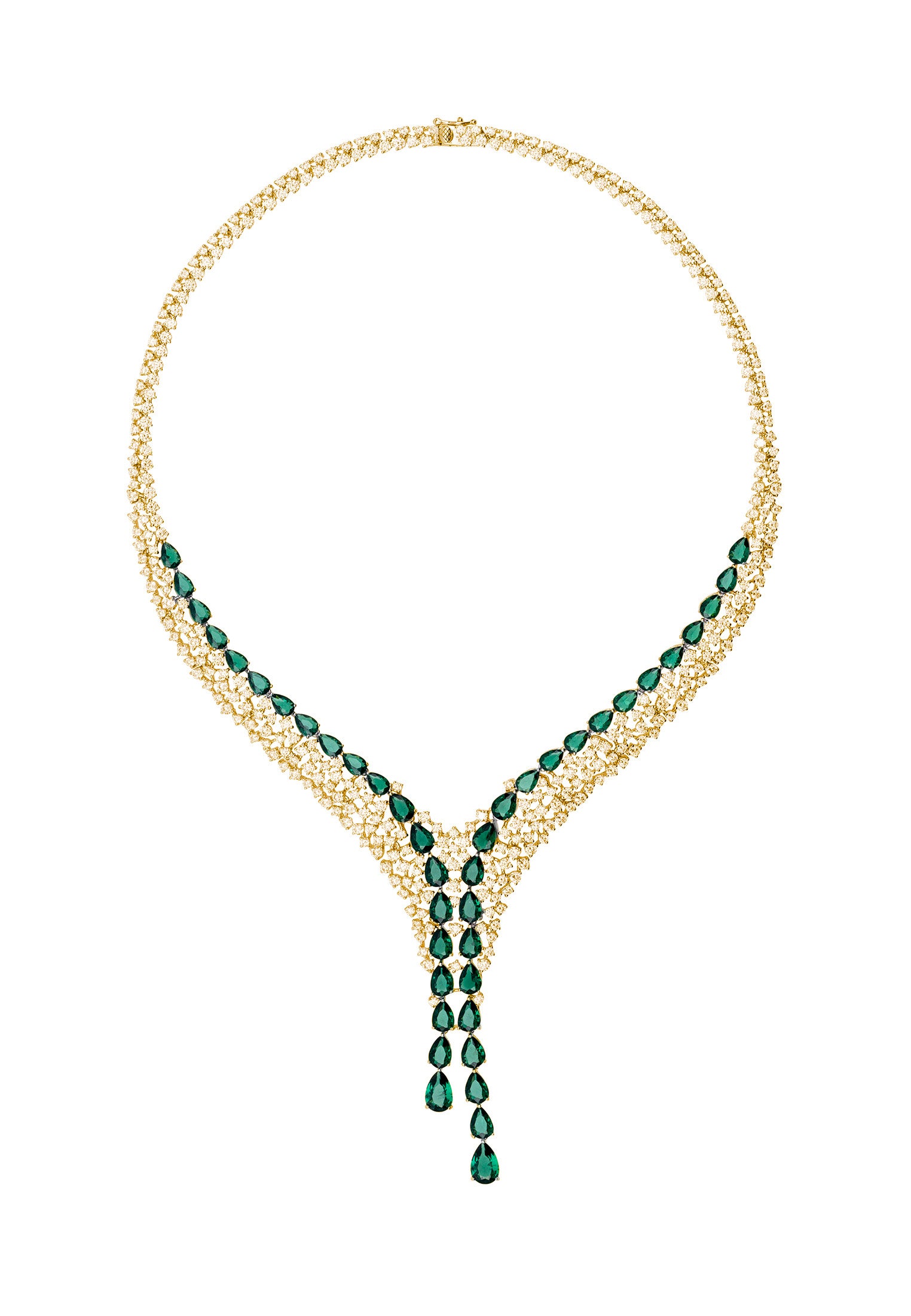 Emerald teardrops, diamond and gold necklace.