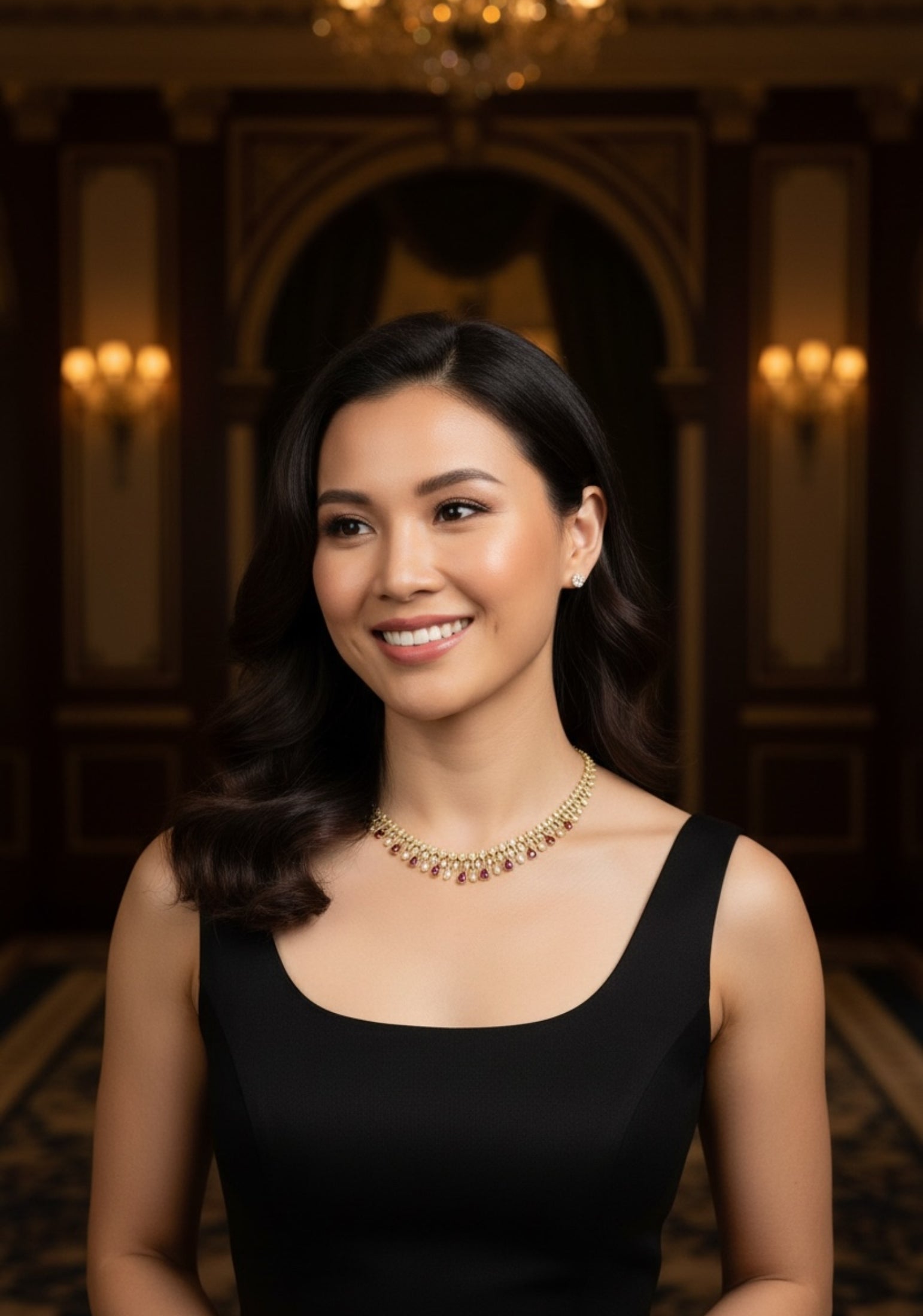 The necklace worn by a model.