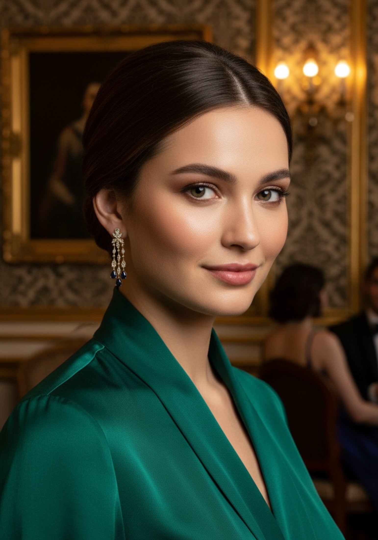 The earring worn by a model.