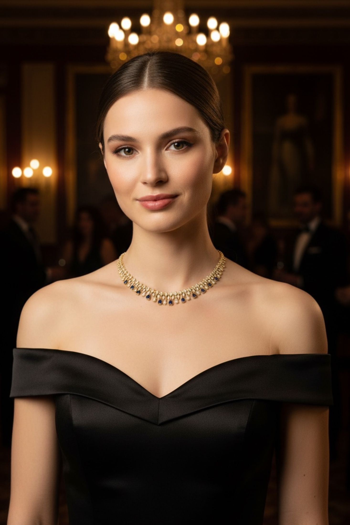 The necklace worn by a model.