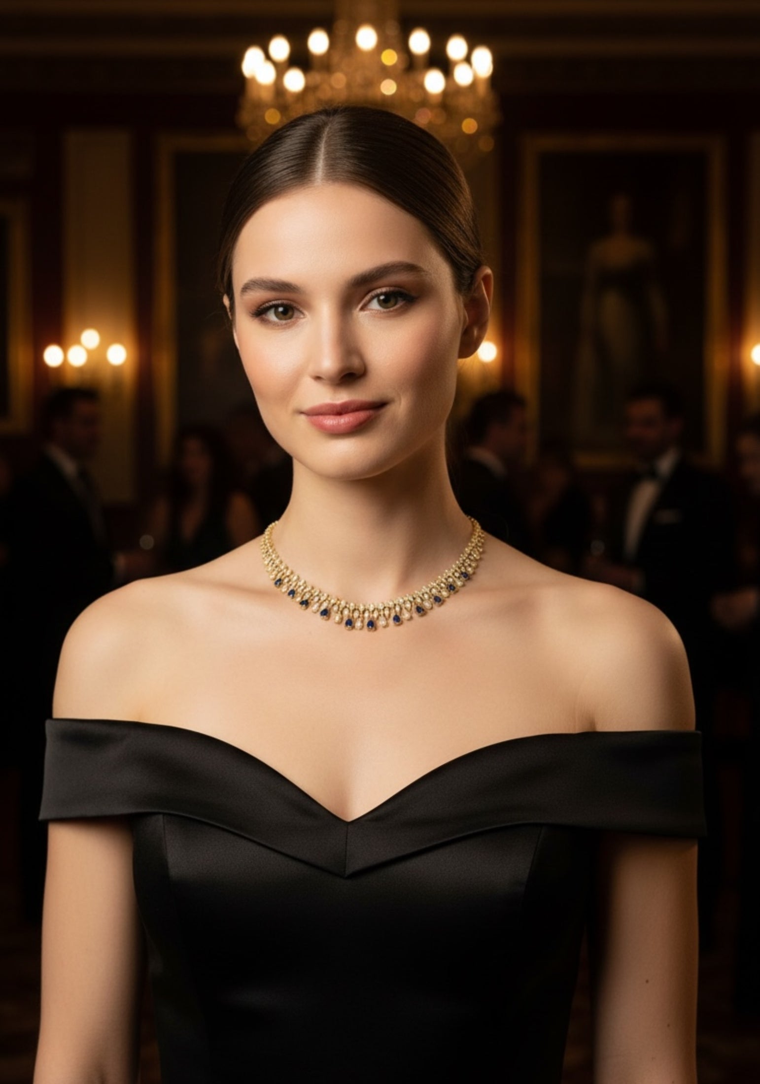 The necklace worn by a model.