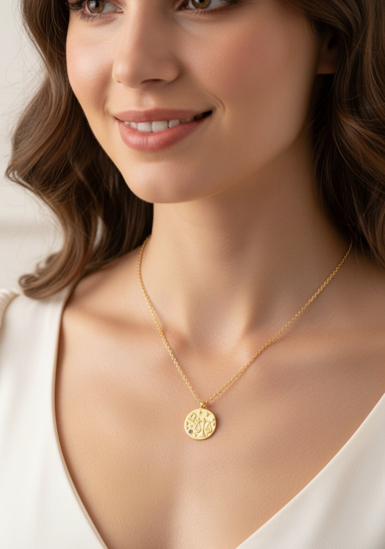 Zodiac Birthstone Talisman Necklace Libra Gold