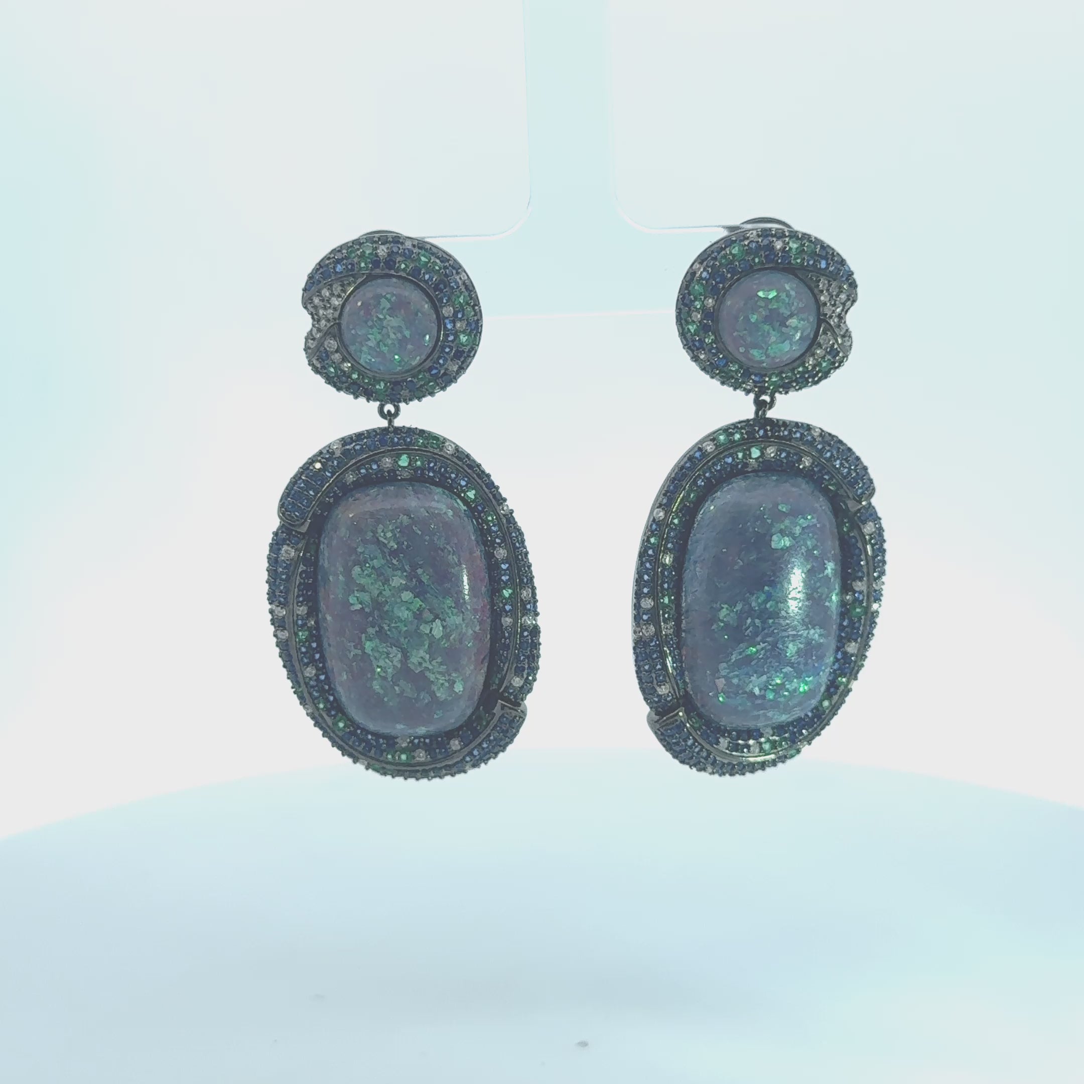 Video of Fiorella Green Opal Drop Earrings Silver Oxidised, showing the drop, movement and scale from multiple angles.