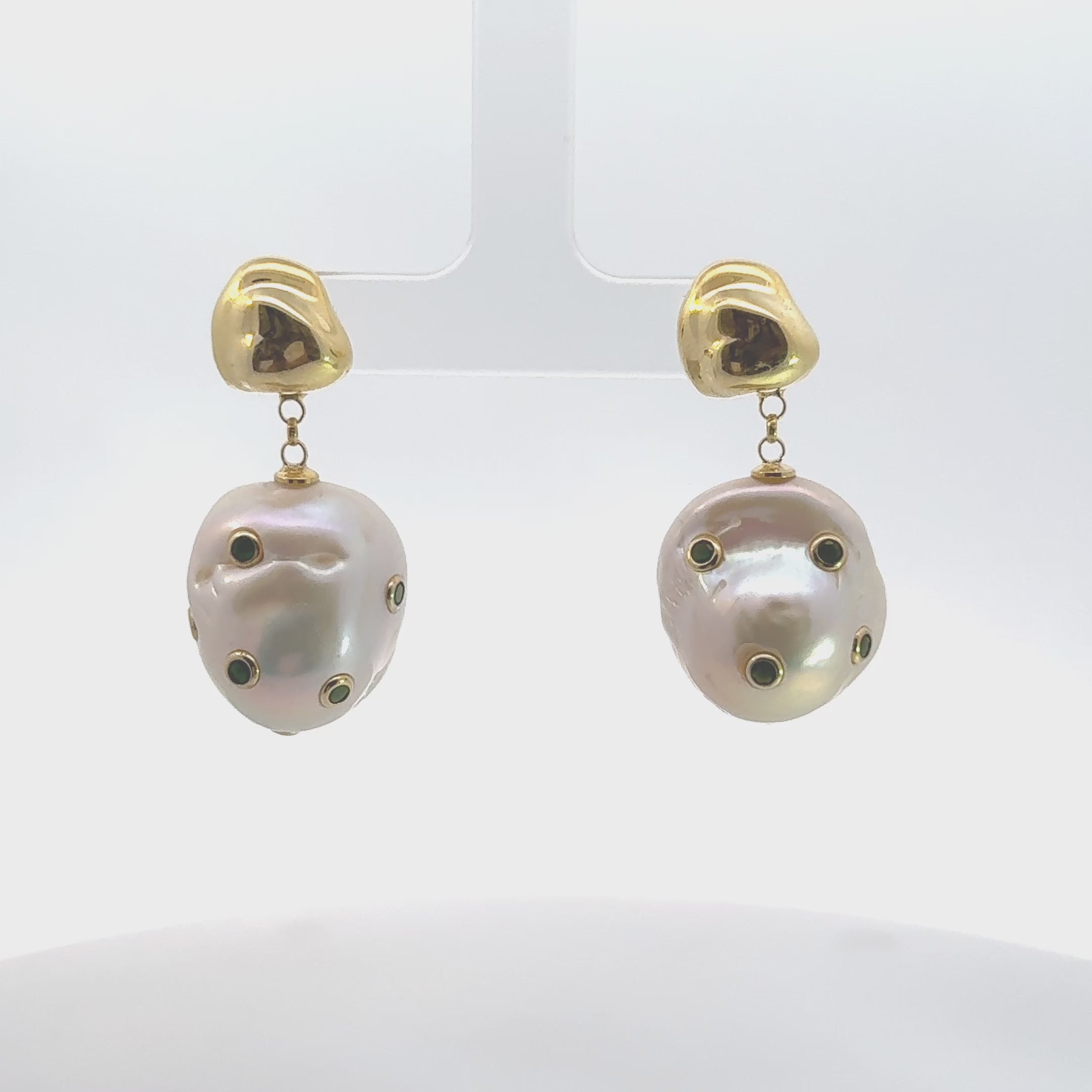 Video of Polka Dot Baroque Pearl Drop Earrings Gold Emerald, showing the drop, movement and scale from multiple angles.