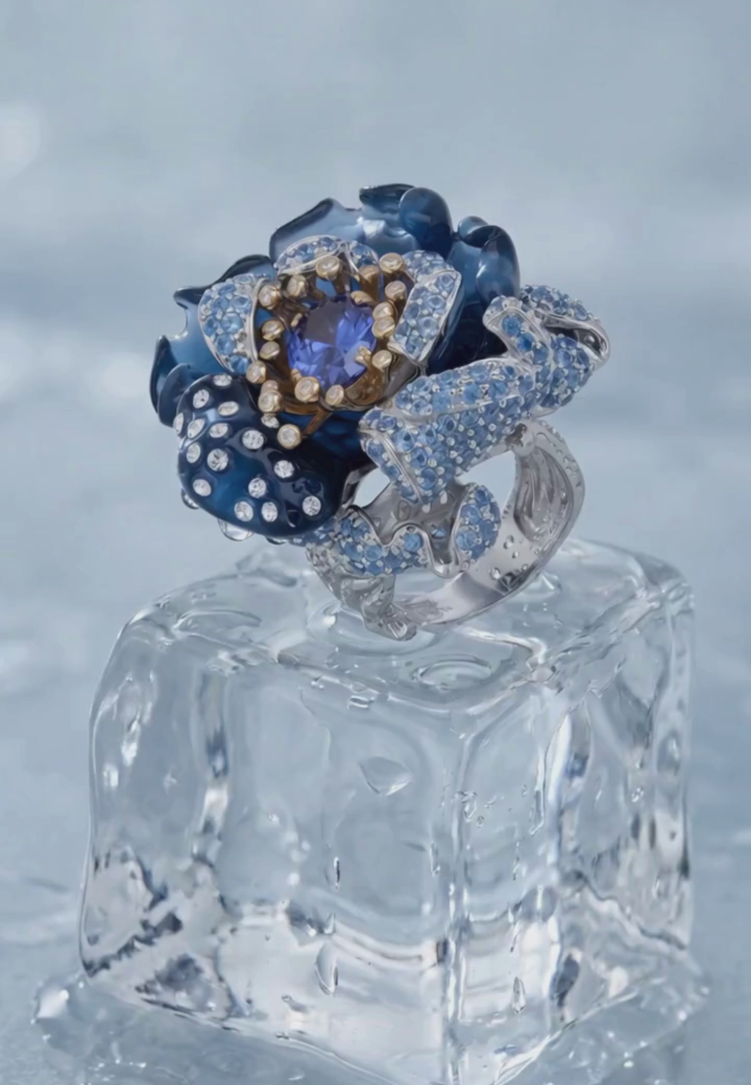 Video of Blue Rose Flower Cocktail Ring Silver, showing the setting, profile and finish from multiple angles.
