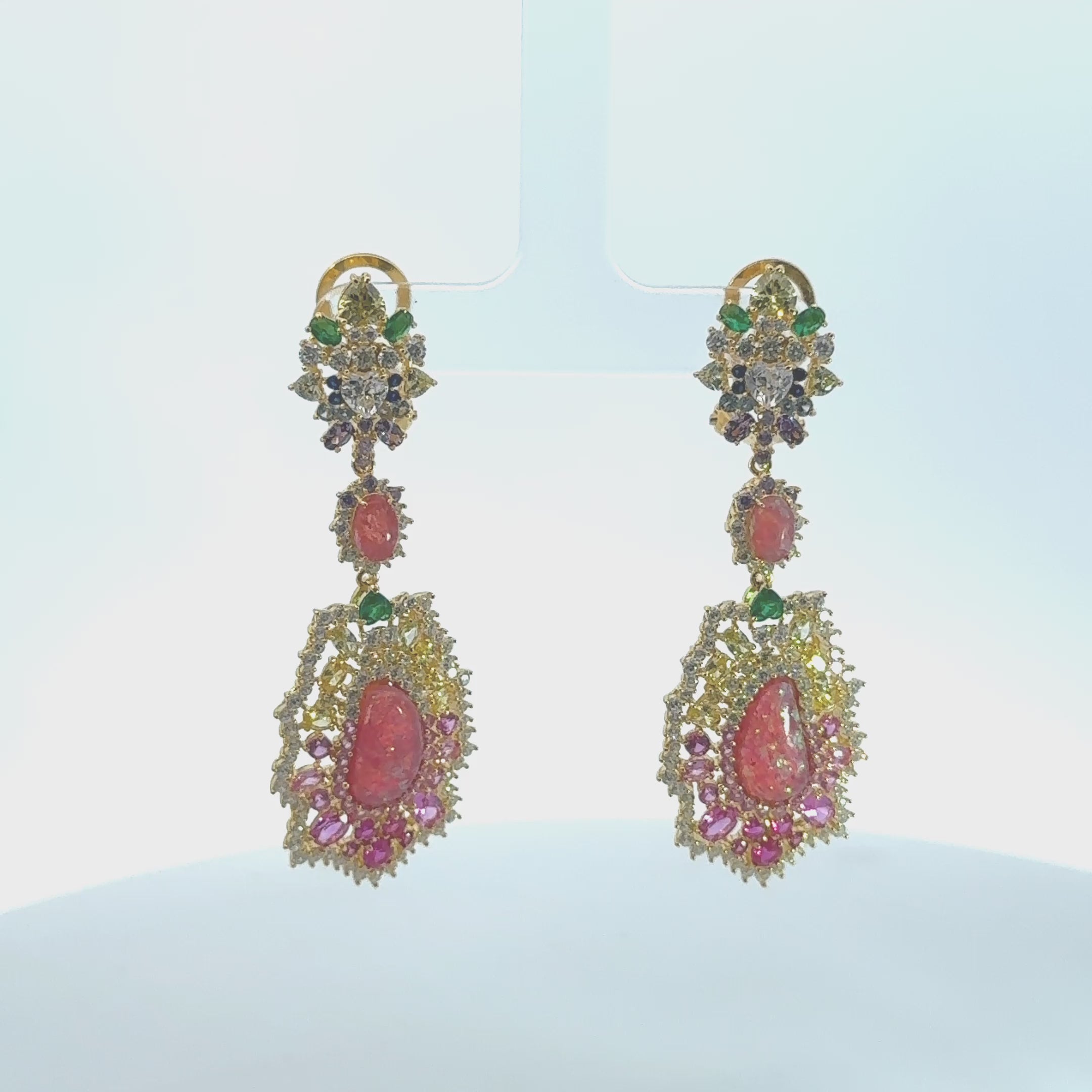 Video of Frida Pink Opal Rainbow Drop Earrings Gold, showing the drop, movement and scale from multiple angles.