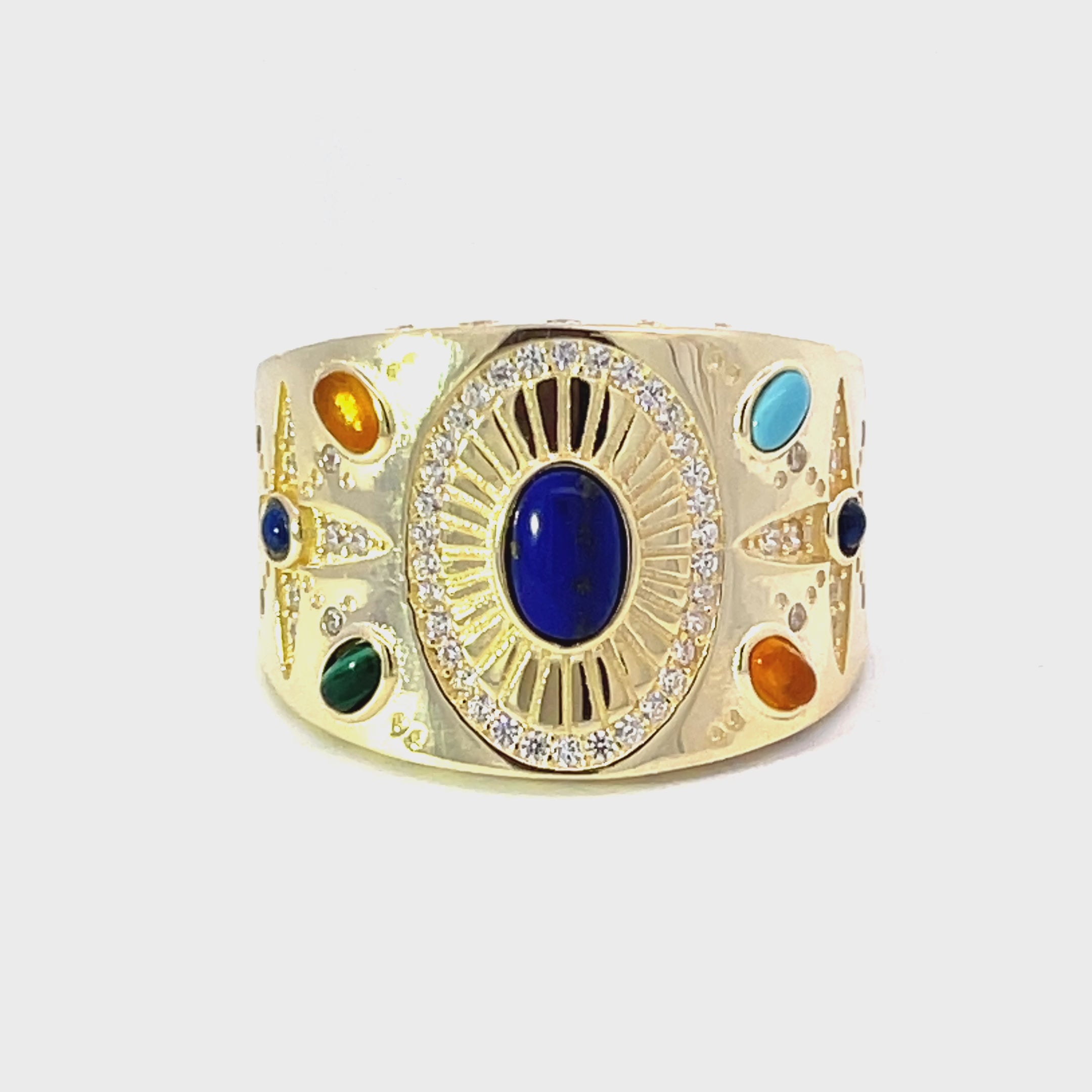 Video of Anubis Gemstone Cocktail Ring Gold, showing the setting, profile and finish from multiple angles.