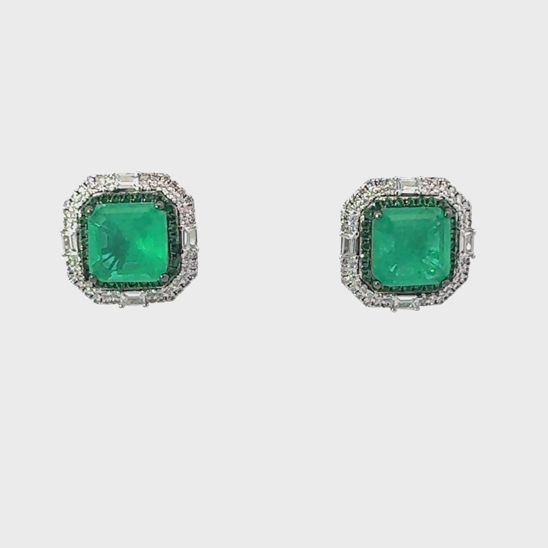 Video of Madeleine Colombian Emerald Large Stud Earrings Silver, showing the drop, movement and scale from multiple angles.